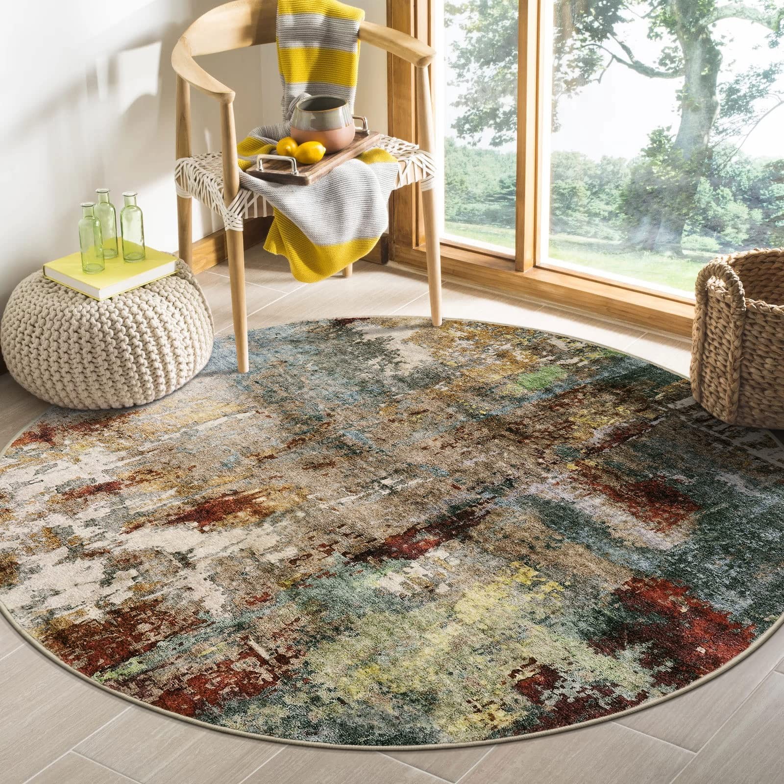 Modern Abstract Round Rug 4Ft – Washable 4×4 Circle Rugs for Living Room Bedr…