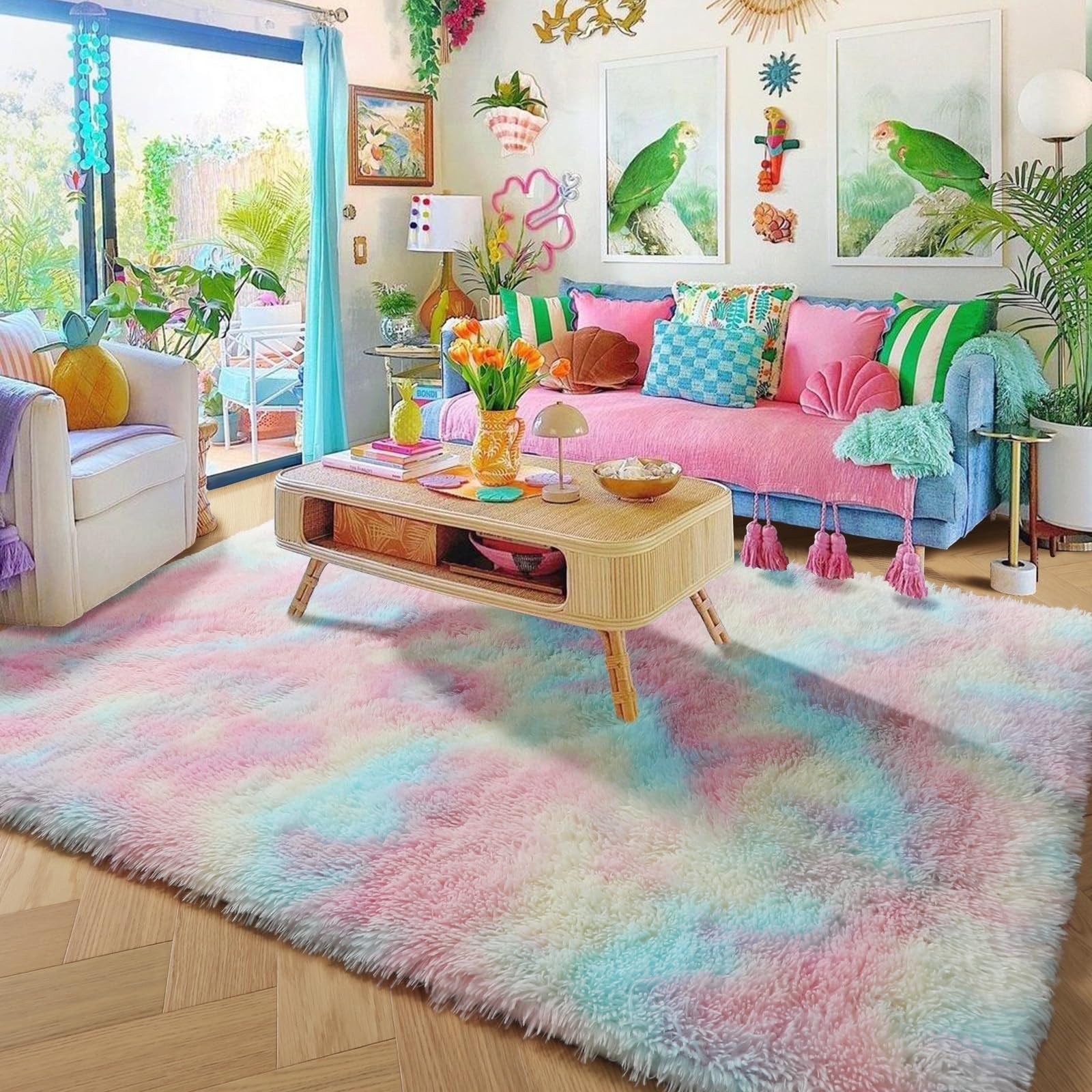 Rainbow Pastel Kids Rug – Cute Unicorn Shag Area Rug for Toddler Bedroom, Playro