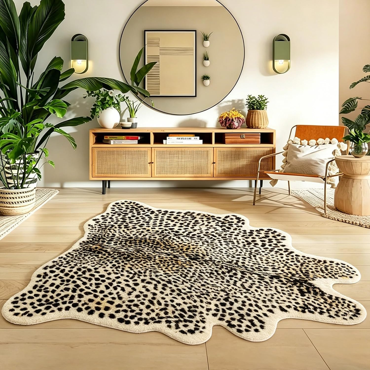 Cheetah Print Faux Fur Rug 5.3×6.6ft Machine Washable for Living Room & Bedroom