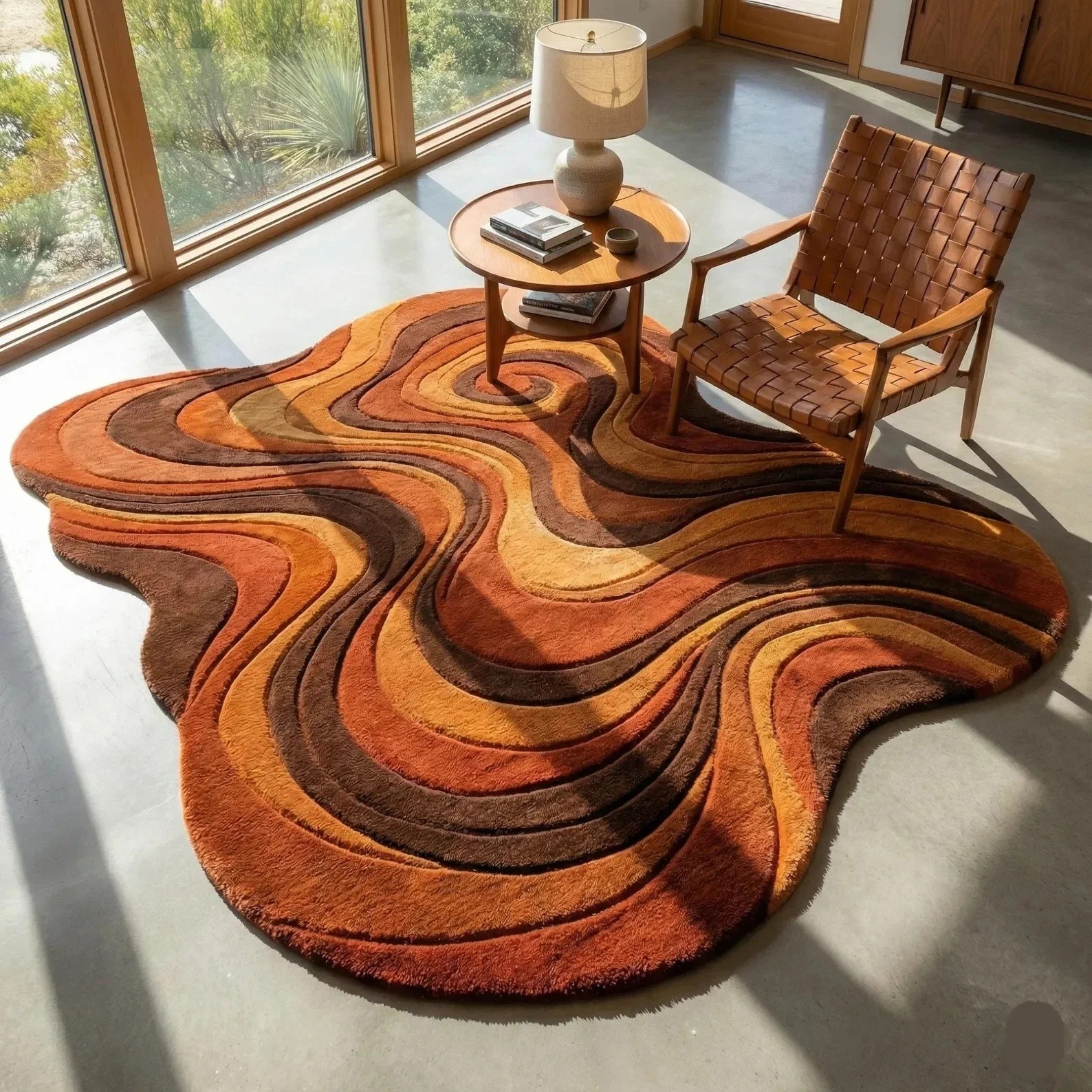 Rust Orange Wavy Abstract Wool Rug Hand Tufted Modern Area Rug 8×10 Handmade