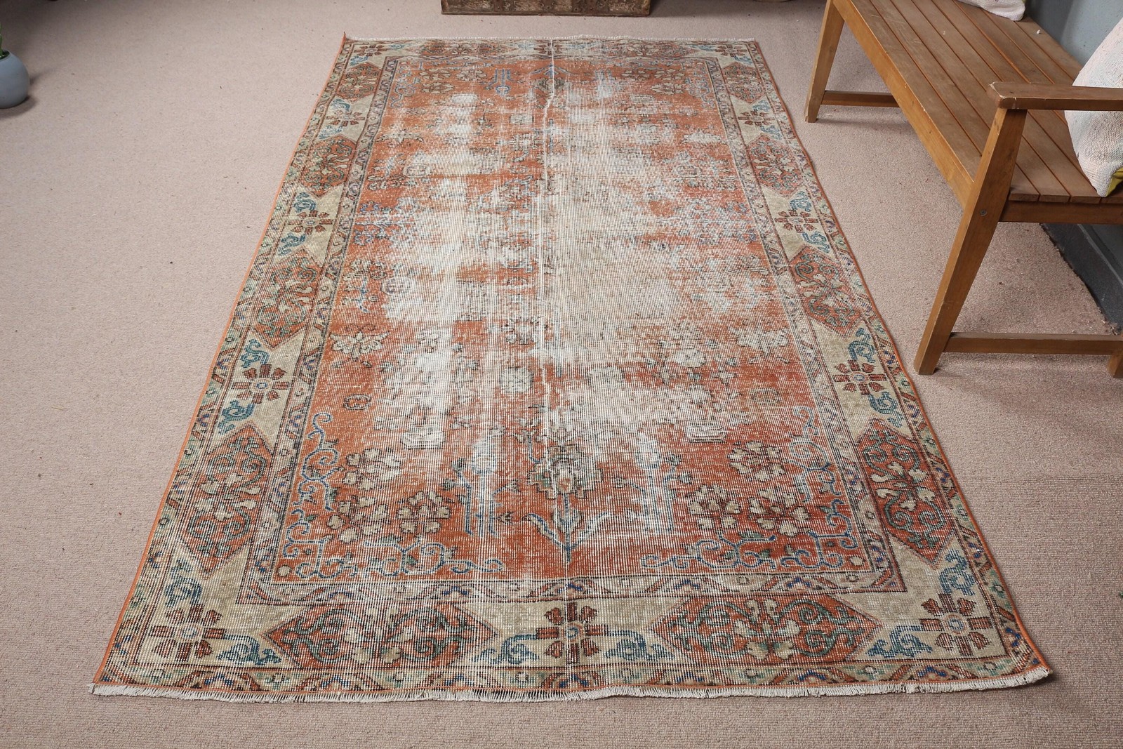 4,9×8,4 ft Large Turkish Rug, Orange Striped Vintage Rug