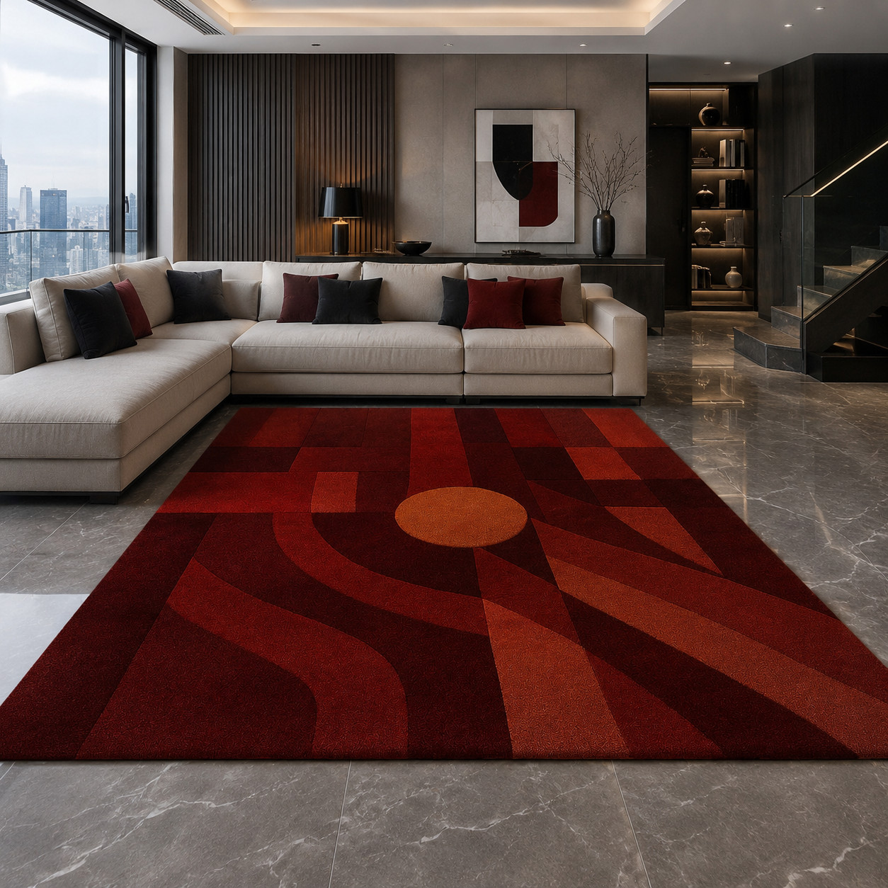 Modern Abstract Area Rug Red Geometric Living Room Carpet Large Floor Rug Custom