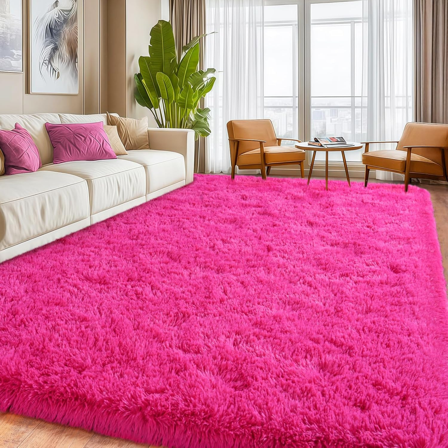 Large Fuzzy Rug 8X10 Feet Hot Pink Fluffy Rug for Living Room, Big Plush Non-Ski