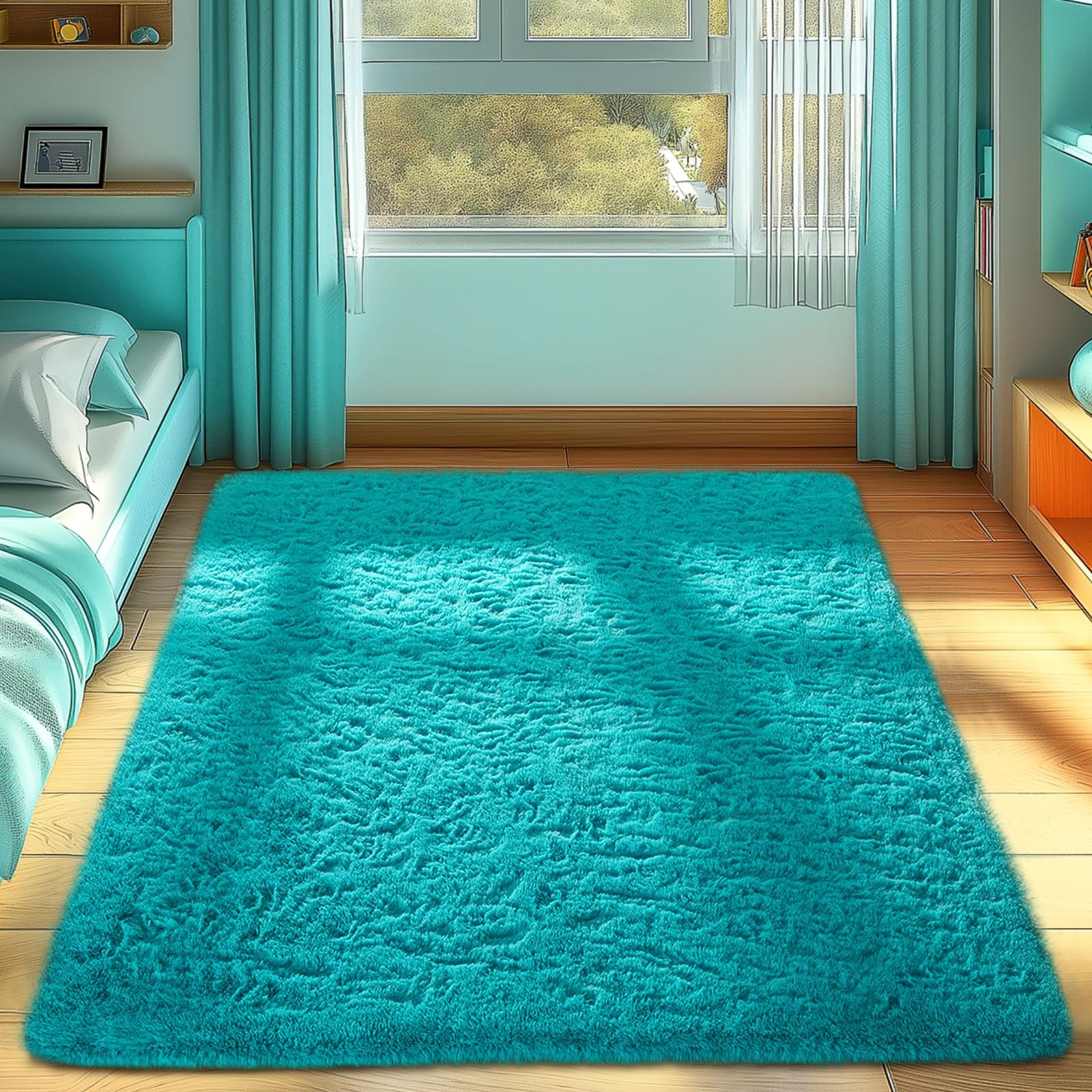 Teal Rugs for Bedroom Living Room, Fluffy Fuzzy Furry Carpet, Plush Soft Shaggy