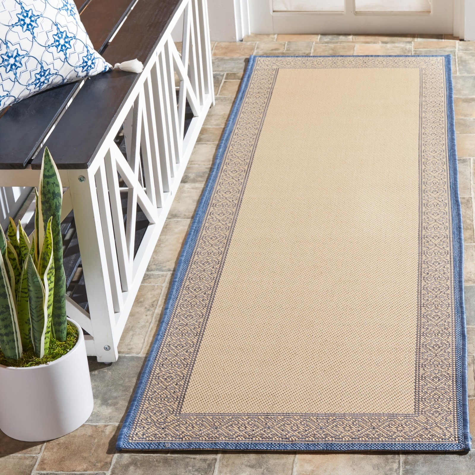 Washable Rug Outdoor Courtyard Collection – 2’3″ x 10′ Runner, Natural & Blue…
