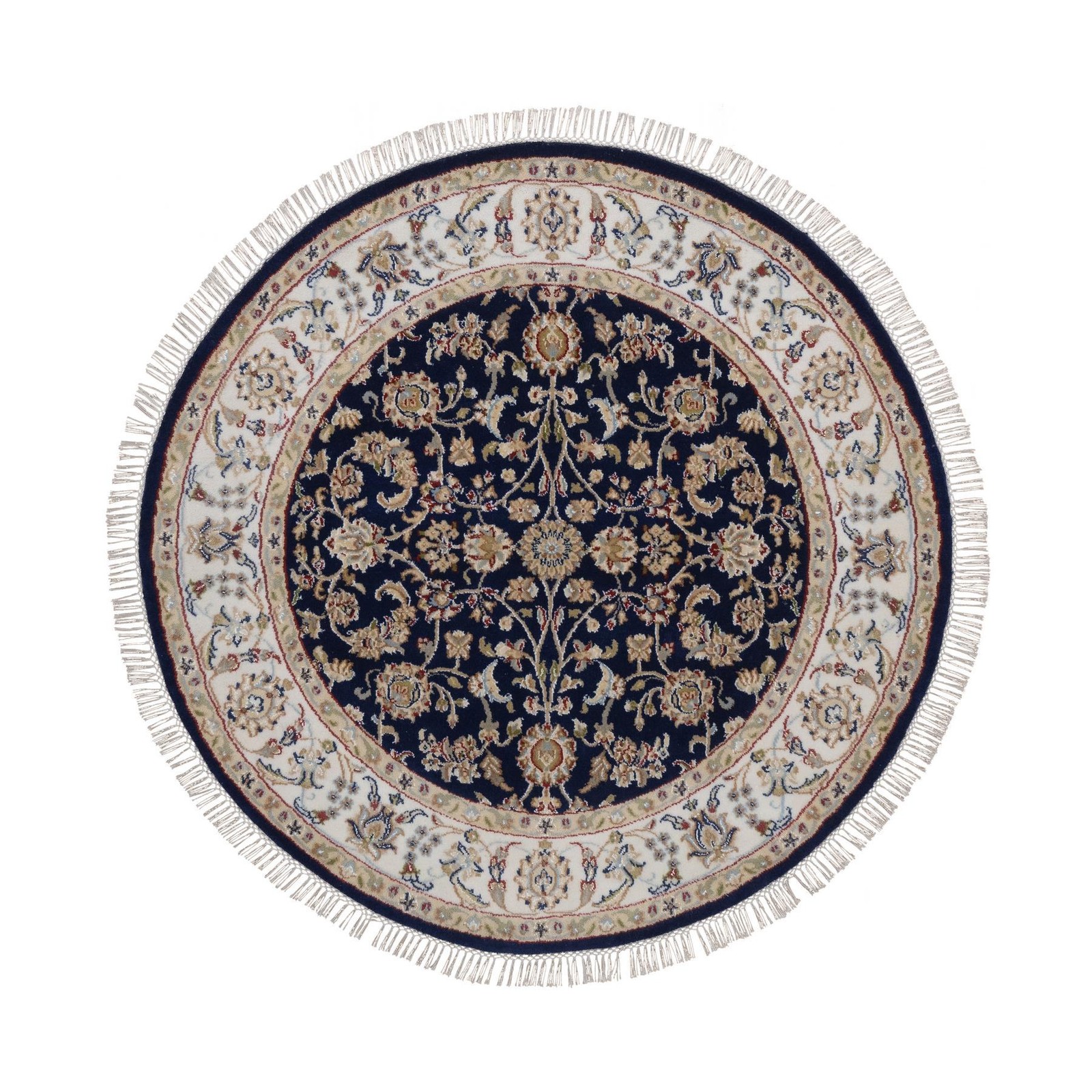 4’3″x4’3″ Midnight Blue Wool and Silk Nain Flower Design Hand Knotted Round Rug