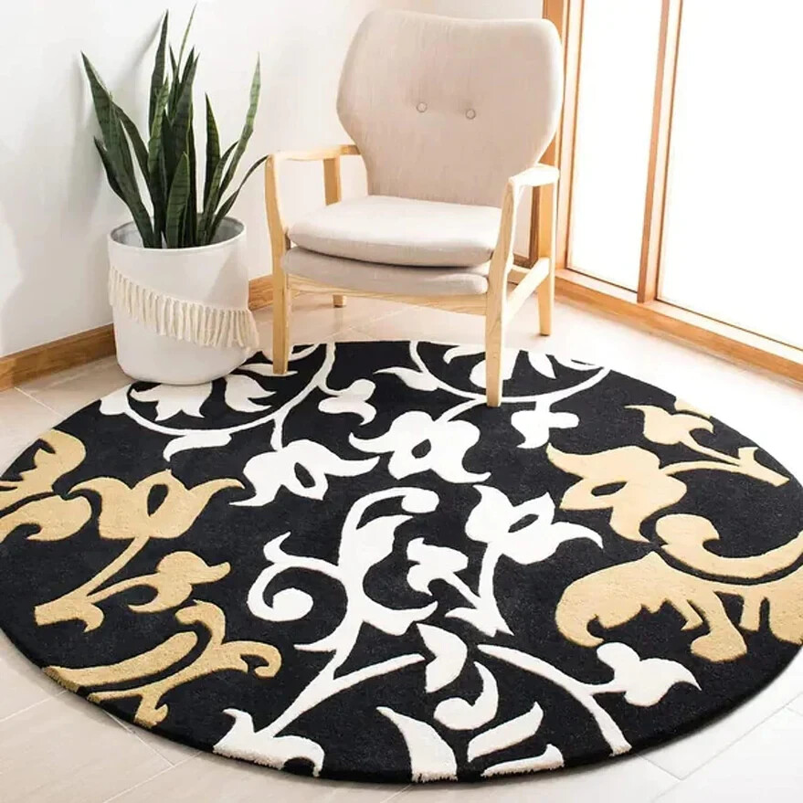 Round Hand Tufted Carpet Rug Area Rug Ivory, black and beige Bedroom living room