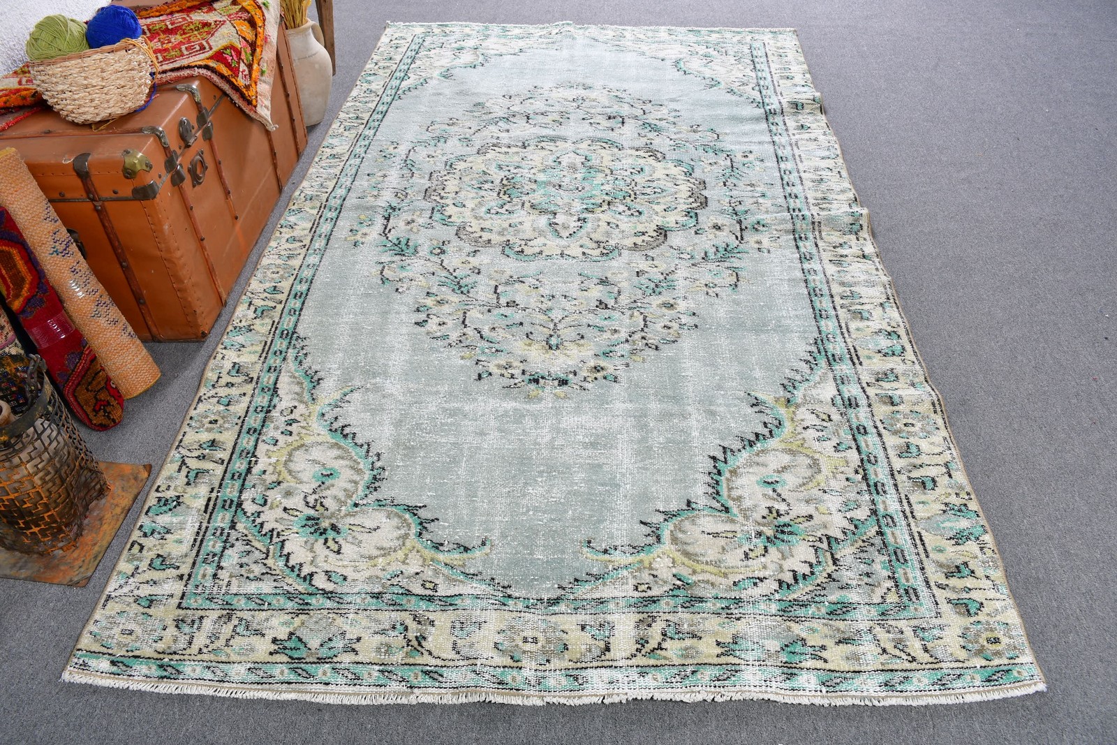 Turkish Rug, 5,3×9,1 ft Vintage Rug, Blue Green Floral Wool Rug
