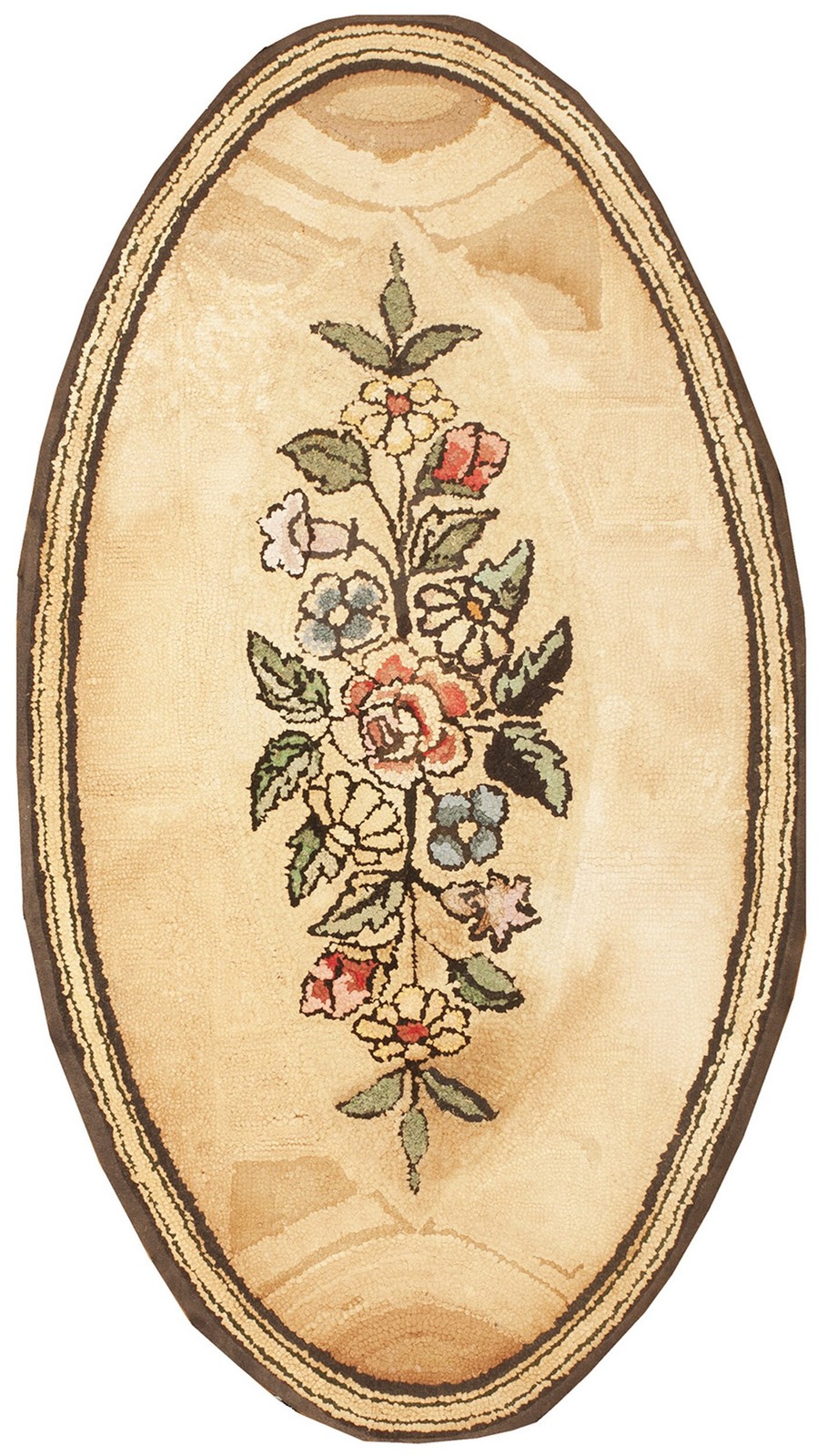 Ivory Cream Small Antique Floral Medallion American Hooked Oval Rug
