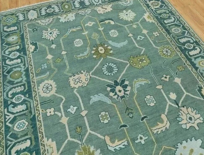 Hand Knotted Oushak Rug Muted Teal Sage Green 9×12 Wool Area Rug Large Tradition