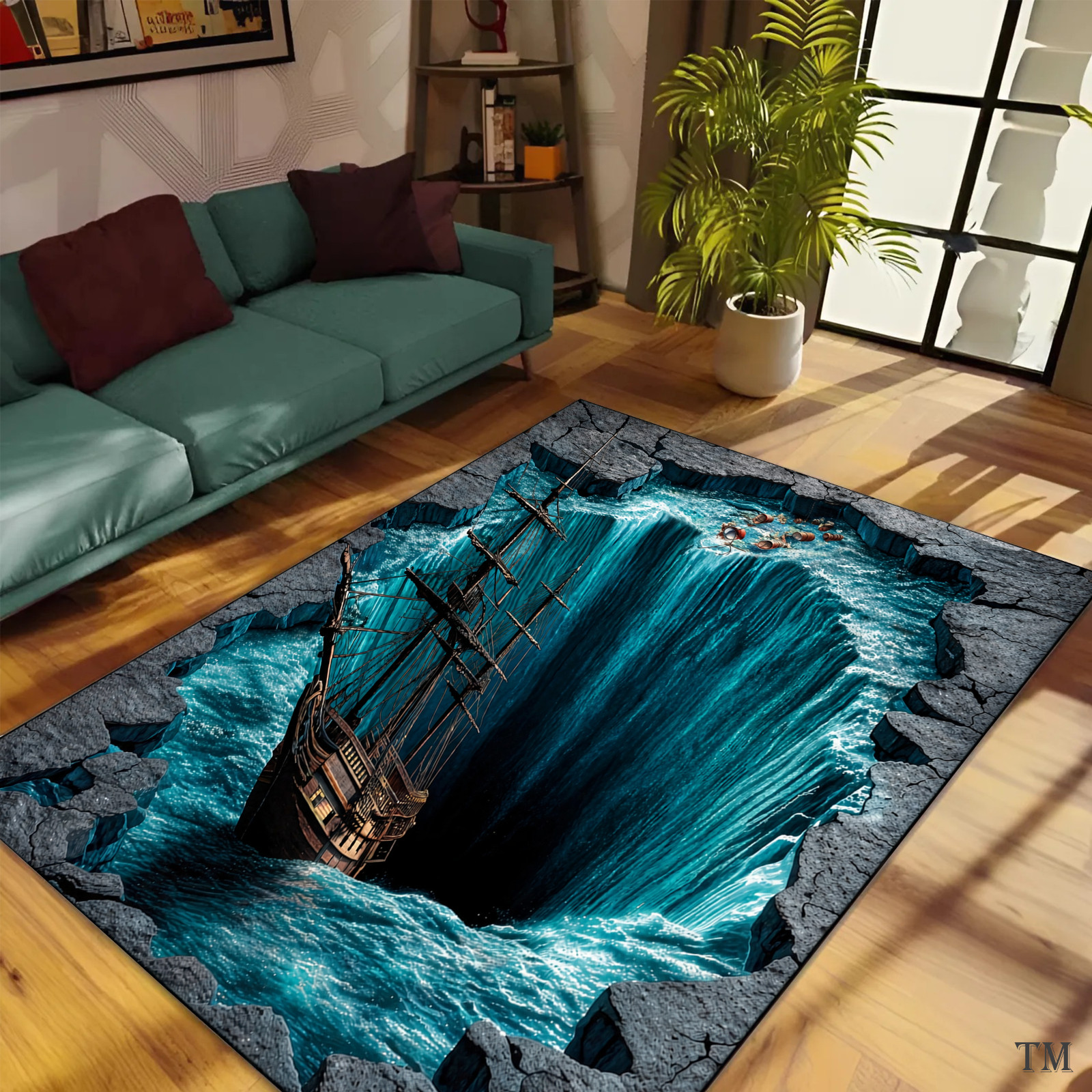 Pirate Ship Whirlpool Optical Illusion Area Rug, Ocean Abyss 3D Carpet, Nautical