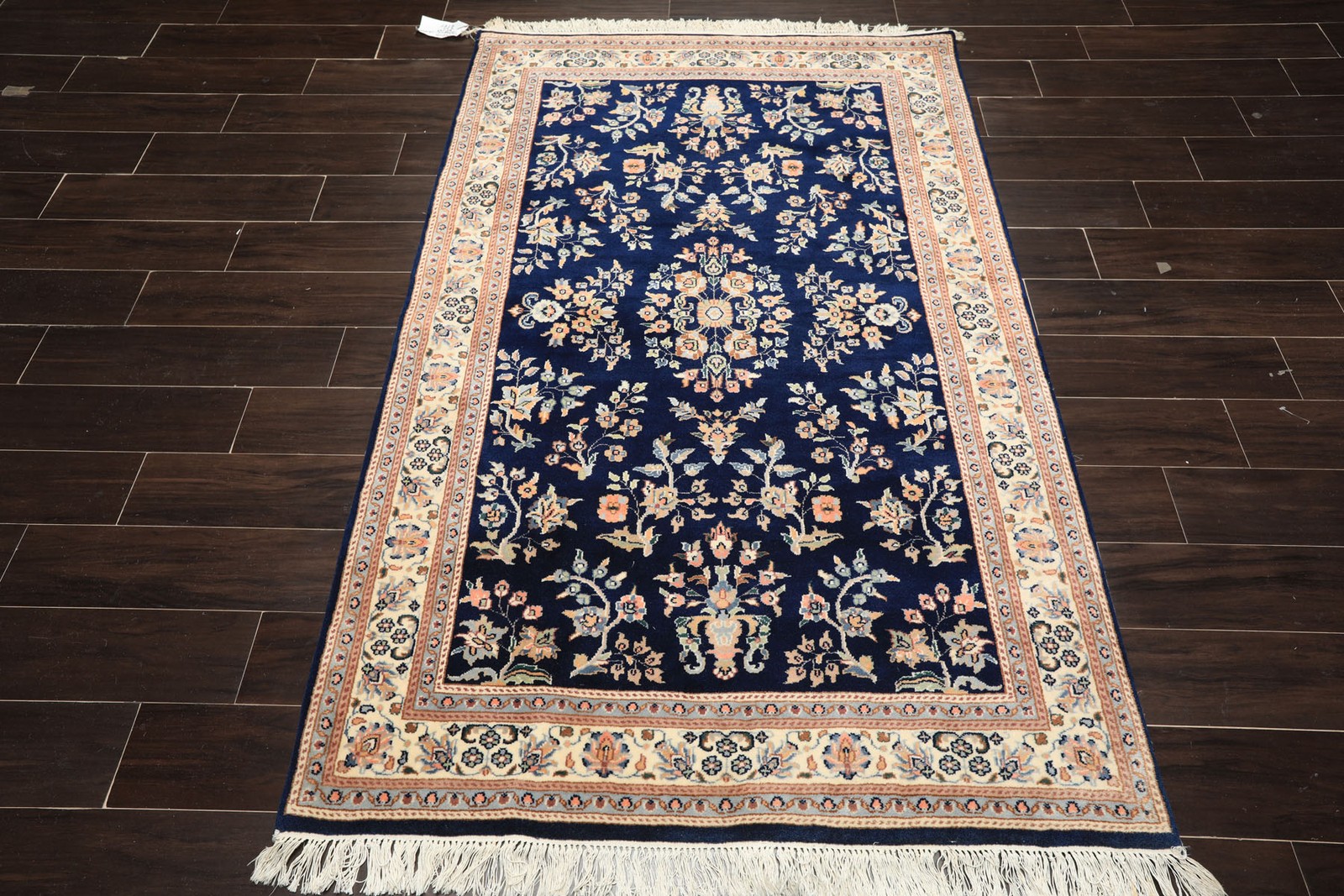 4×6’3” Hand-Knotted New Zealand Wool Navy Saroukk Traditional Botanical Rug