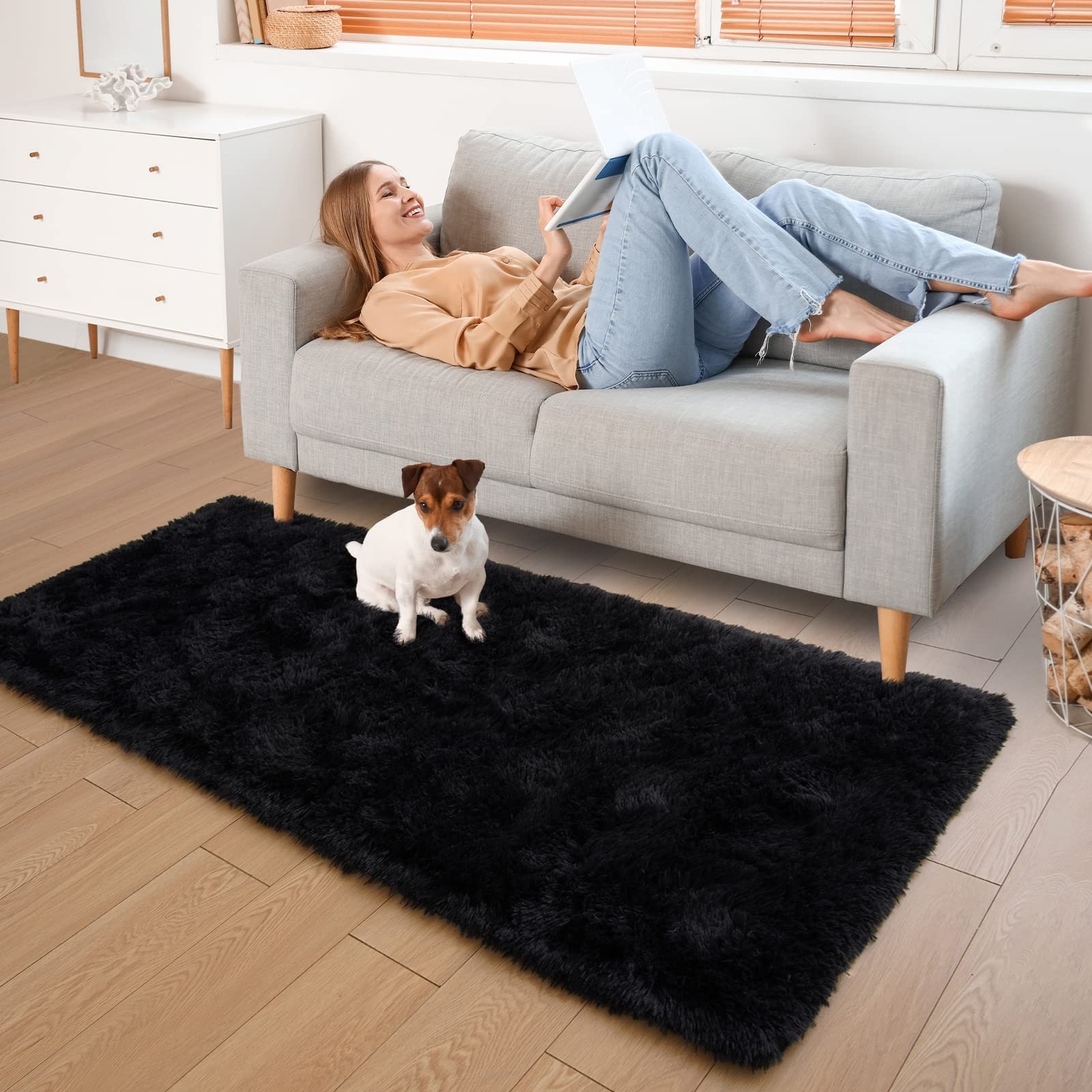 Fluffy Runner Rug for Bedroom Living Room Soft Shag Rugs 2×6 Feet, Black Plus…