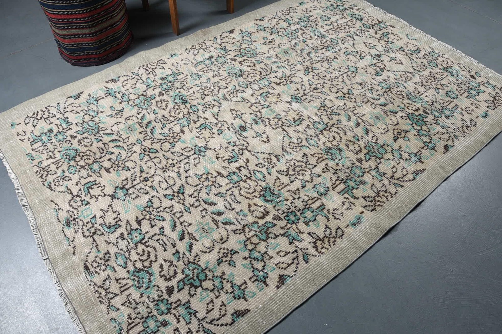 Turkish 5,2×7,6 ft Rug, Vintage Rug, Beige Solid Rug Wool
