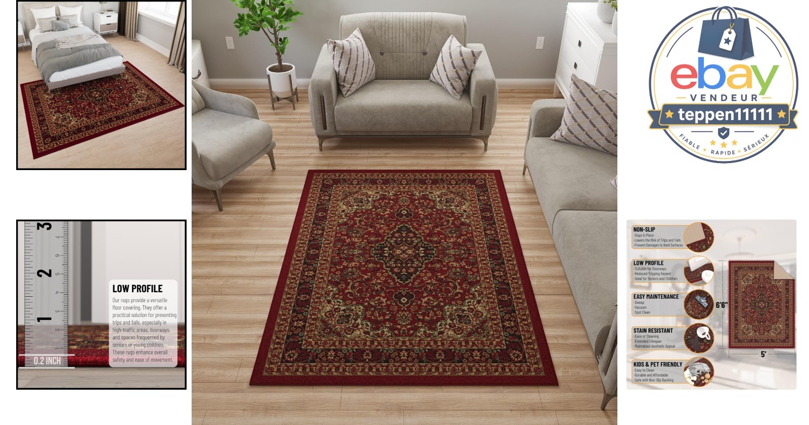 5′ x 6’6″ Area Rug Non Slip Durable Indoor Carpet Red