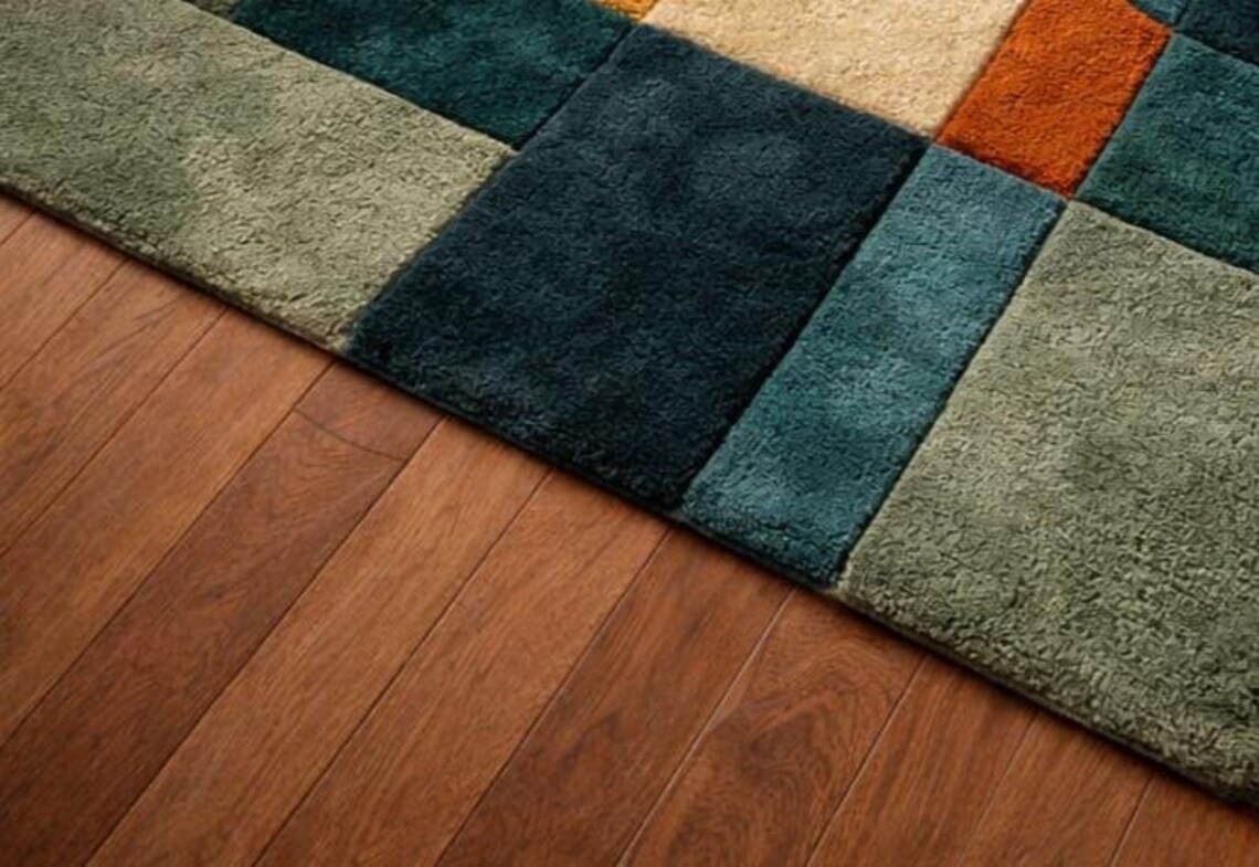 Modern Geometric Wool Area 8×10 Rug | Hand Tufted Abstract | Teal Green Carpet