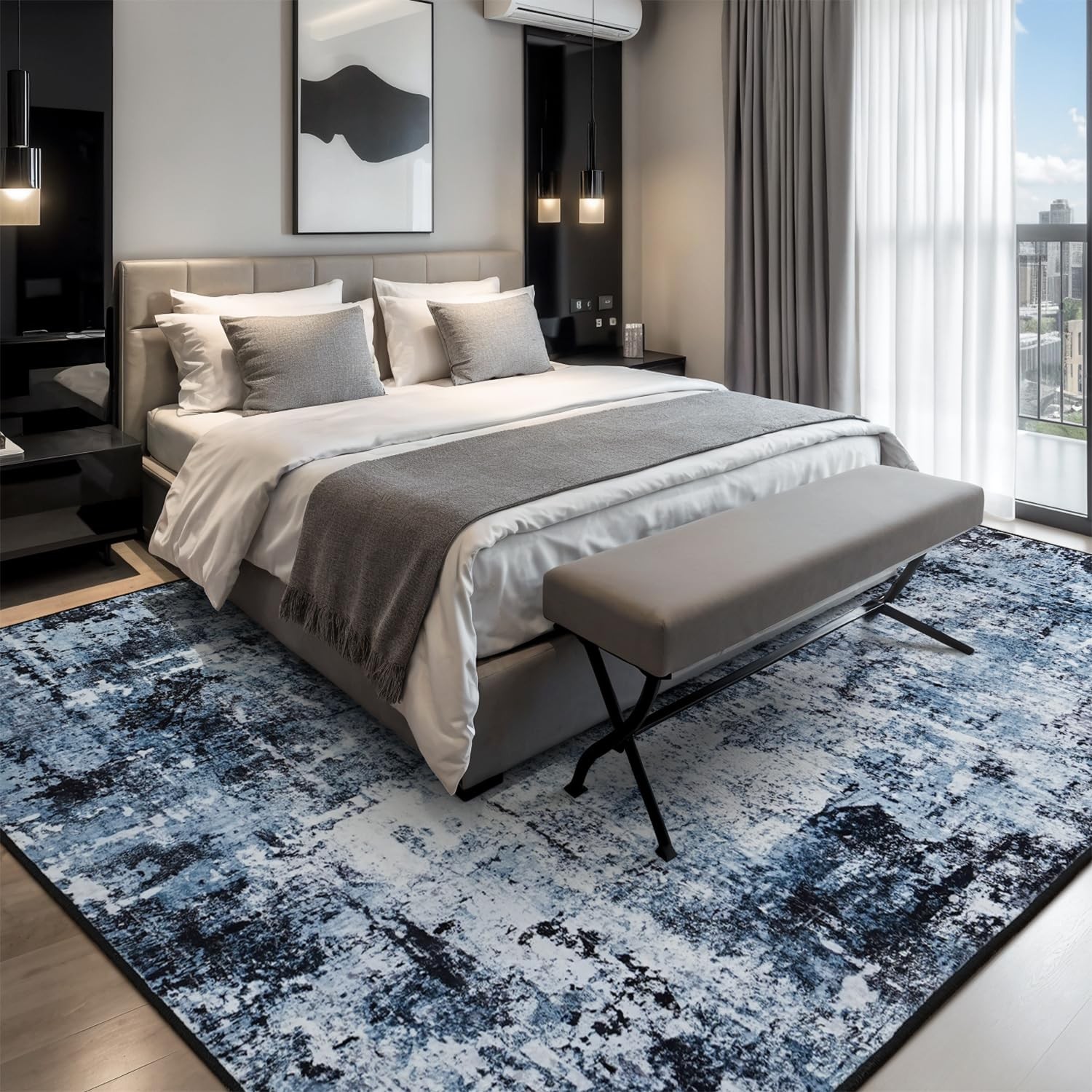 8×10 Large Area Rug Washable Stain Resistant Low Pile Living Room Gray Beige