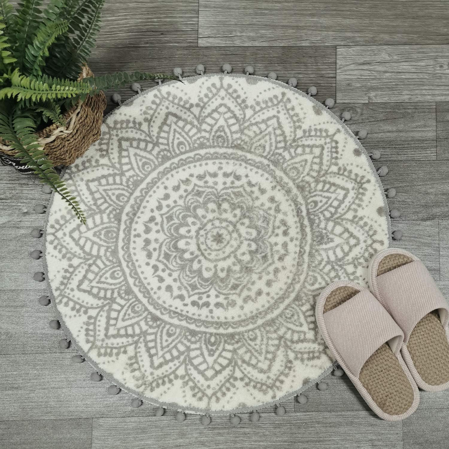 Uphome 2FT Round Boho Bathroom Rug Beige Grey Mandala Shower Mat