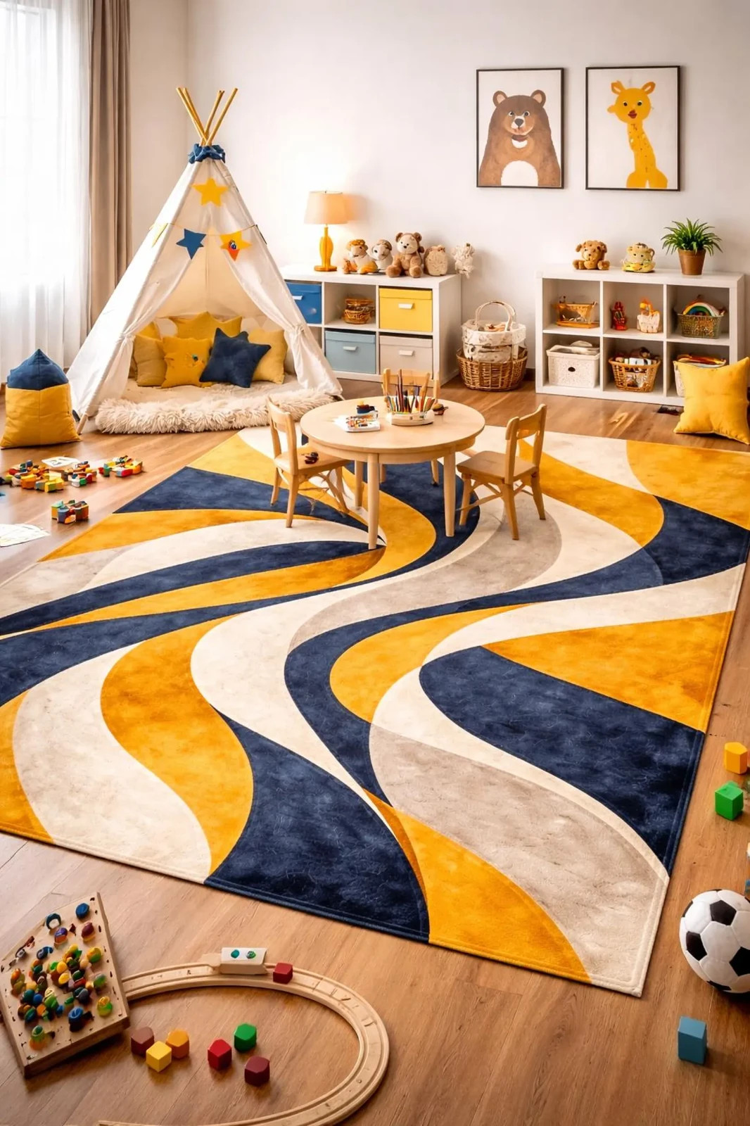 Abstract Blue and Mustard Rug, Modern Entryway Carpet, Contemporary Area Rug,