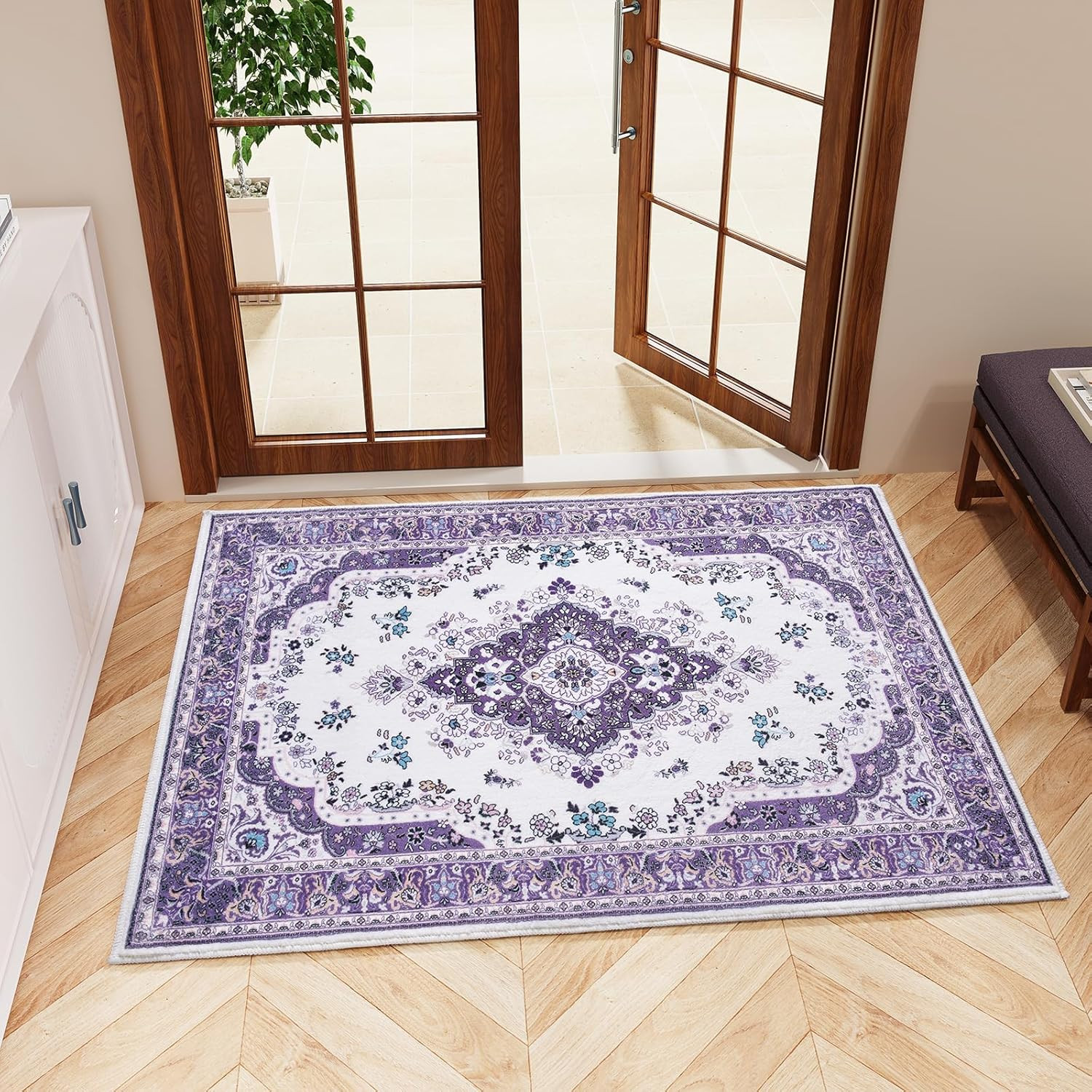 Area Rug 2×3 Small Rugs for Bedroom, Purple Floral Rug for Entryway, Faux Wool N