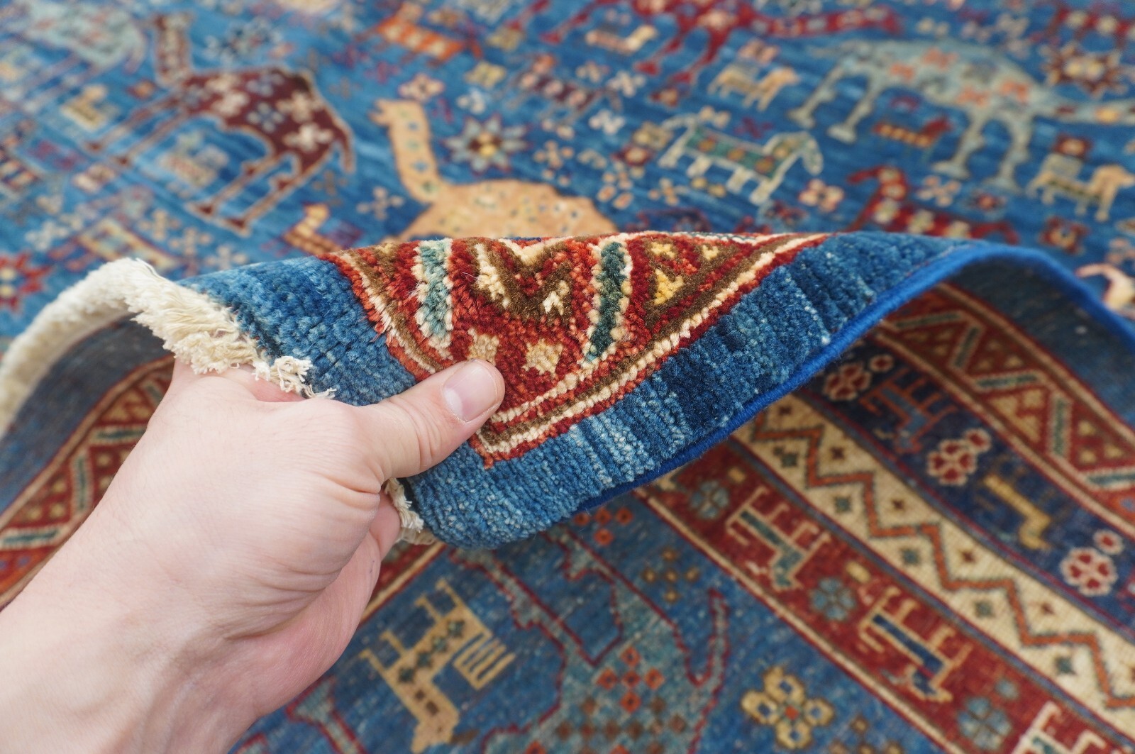 8 x 10 ft Blue Nomadic Animal Gabbeh Afghan Hand Knotted Wool Tribal Rug