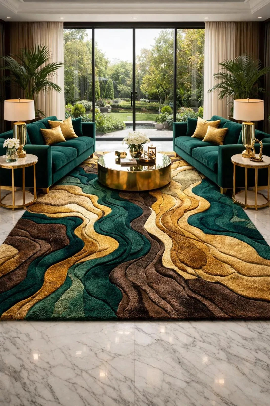 Luxury 3D Abstract Rug Emerald Green Gold Hand Tufted Wool Living Room Carpet