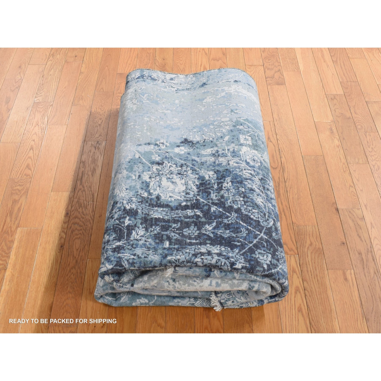 6’1×9’1″ Blue Zoroastrian Tebraz Broken Design Wool/Silk Hand Knotted Rug R80938