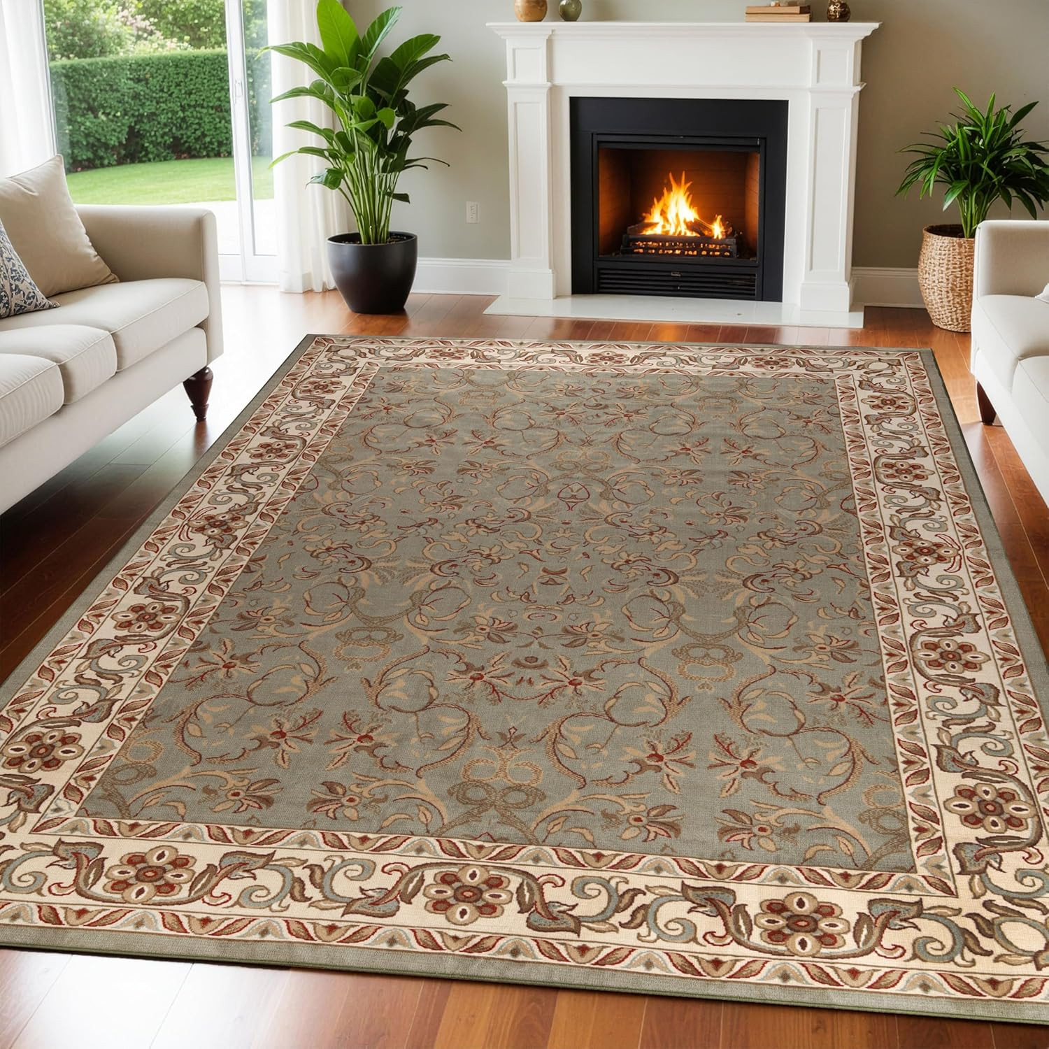 Heritage Collection 10′ x 14′ Green Floral Jute Indoor Area Rug
