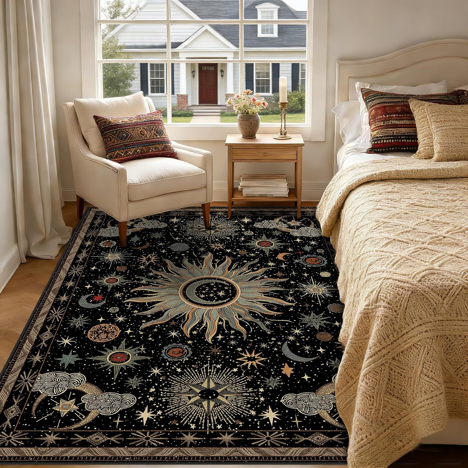 5X7 Area Rugs, Washable Vacuum-Friendly Non-Slip Rug Vintage Boho Gothic Sun and