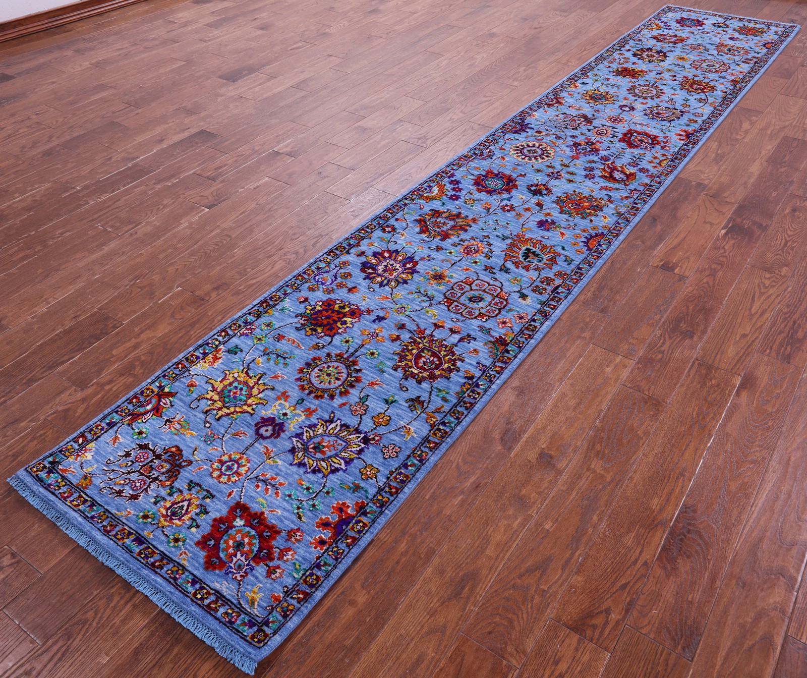Blue 2′ 6″ X 14′ 0″ Traditional Hand Knotted Wool & Silk Runner Rug – Q23414