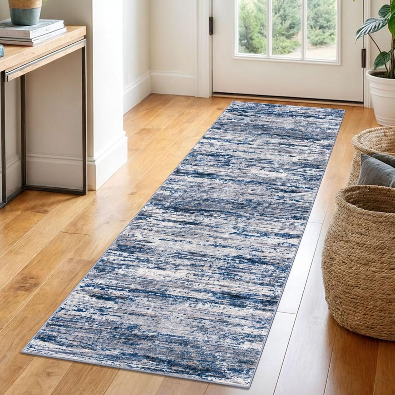 2×6 Navy Blue Gray Neutral Multi Modern Abstract Runner Rug for Hallways, Sup…