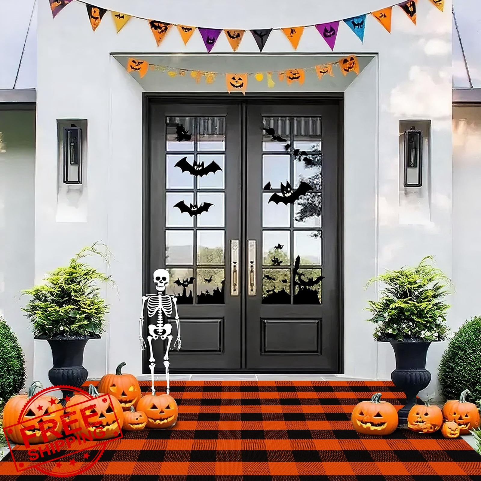 PIXFAIRY 4’x6′ Orange Black Plaid Cotton Rug