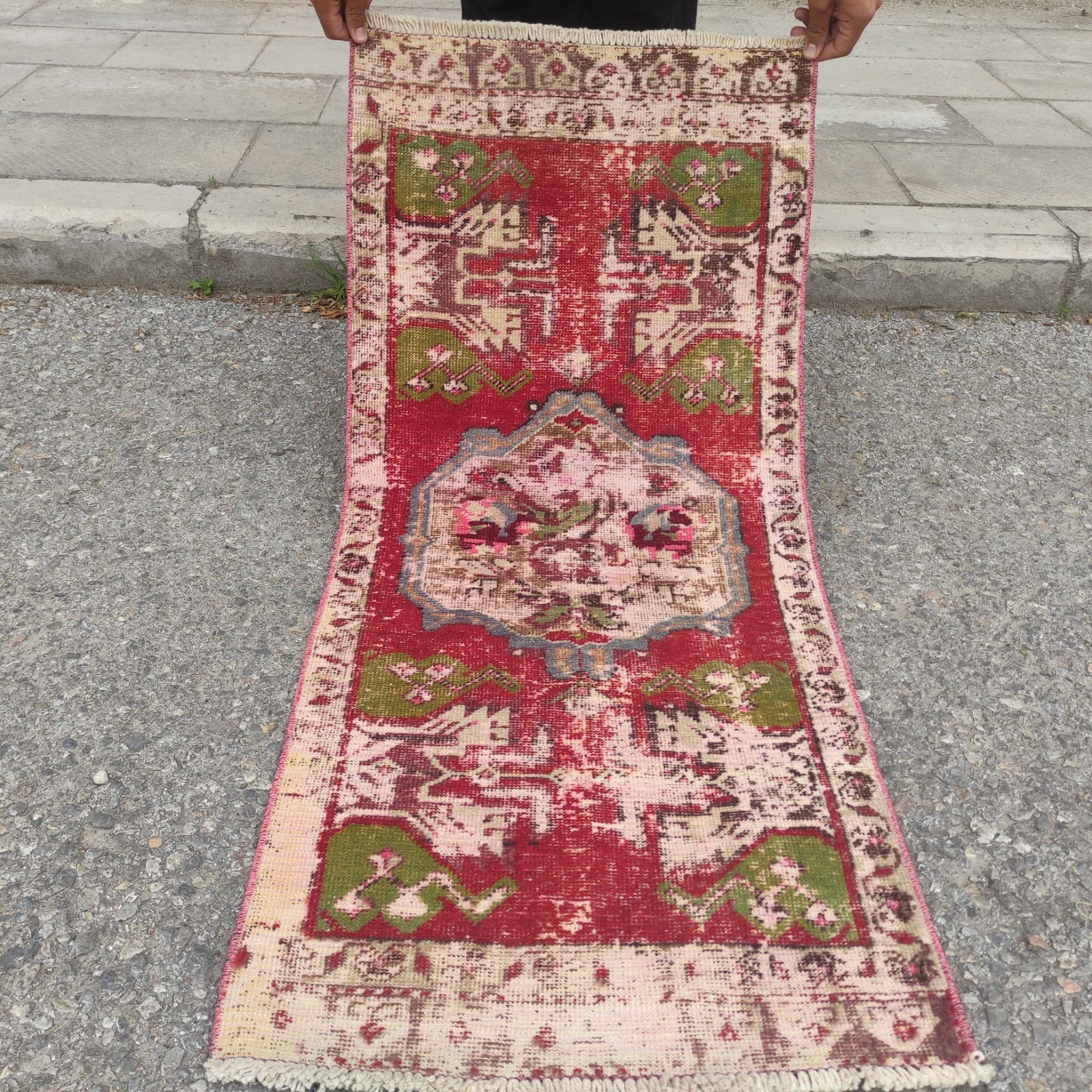 Roses Vintage rug 2×4 mini runner rug 1.74 x 3.9 ft. worn carpet 53 x 119 cm