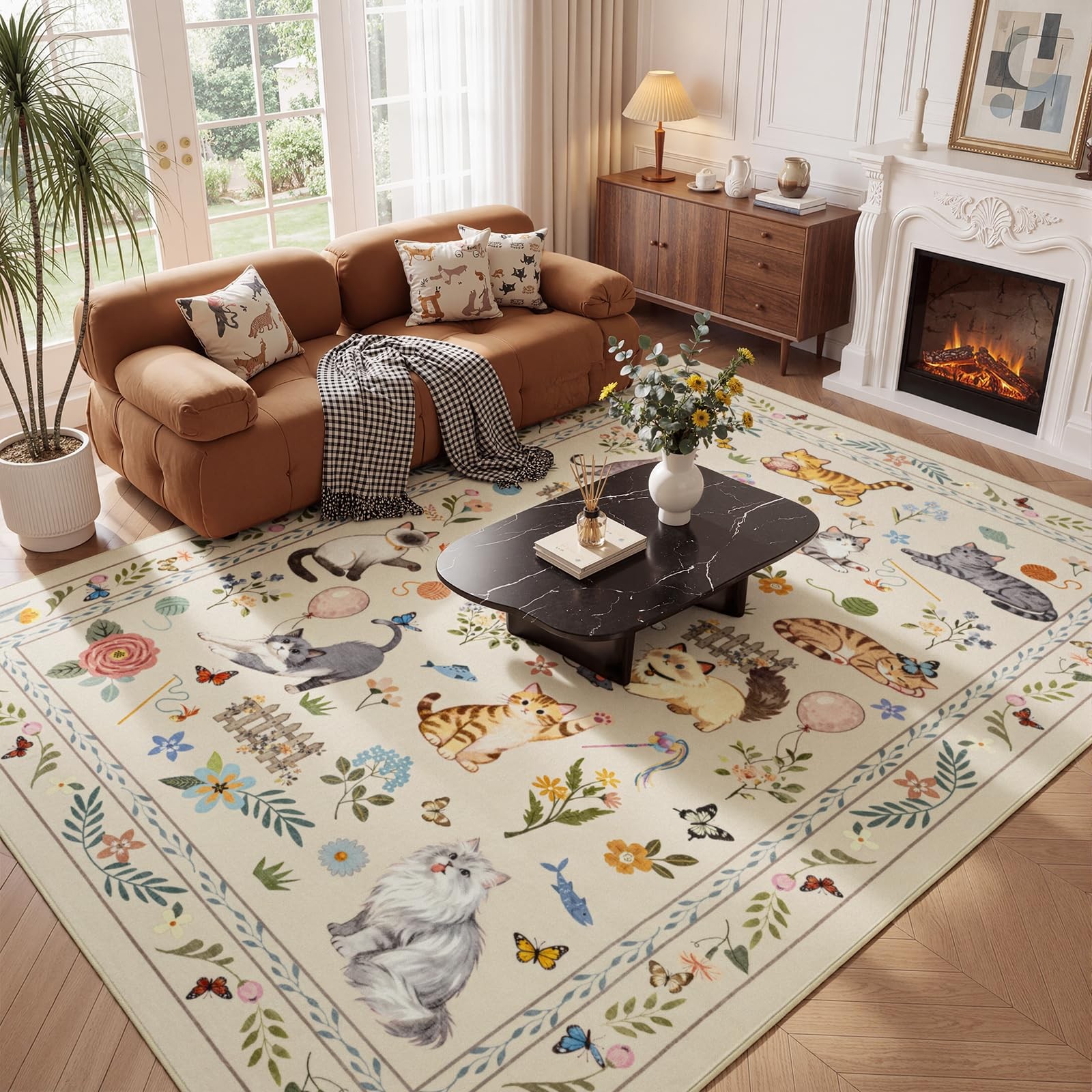 Unirea 8×10 Beige Cat Area Rugs for Living Room, Bedroom, Large Soft Washable…