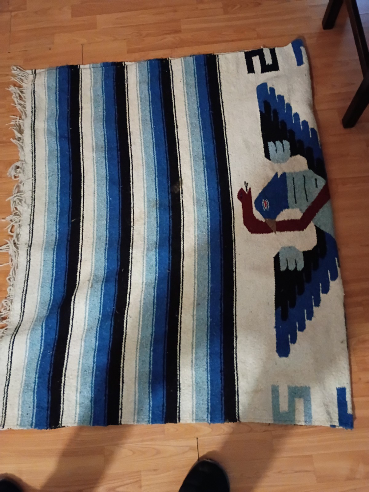 Blue White Black Striped Flat Hand Woven Navajo Wool Fringe Blanket 80″x48″
