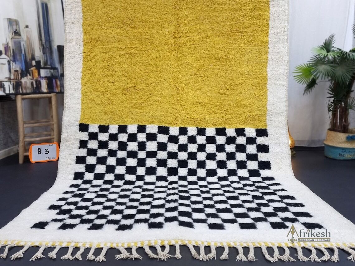 MADE TO ORDER-Moroccan Handmade Beni Ourain Rug Wool Berber Checkered Yellow Rug