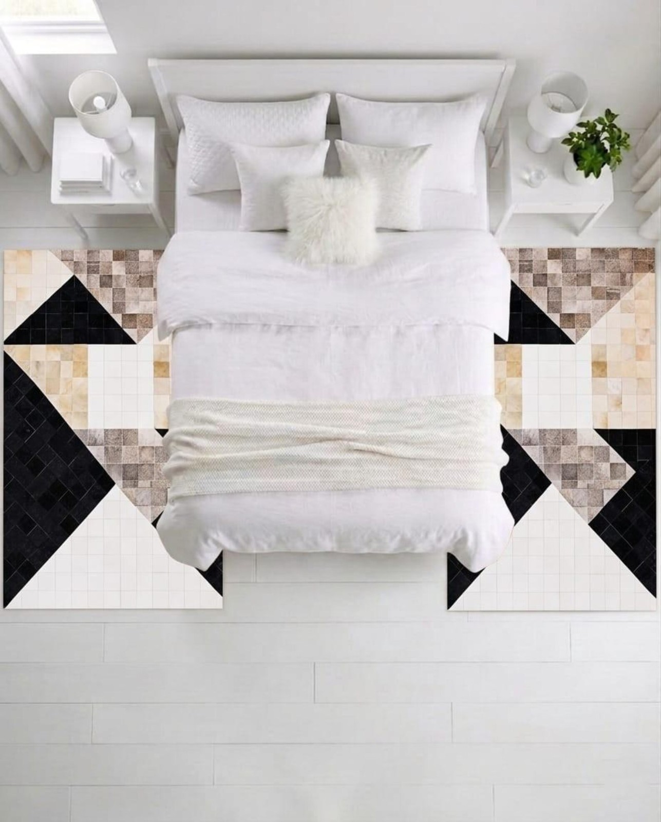 Modern Geometric Cowhide Patchwork Rug Handmade Leather Area Rug Black Ivory Bei