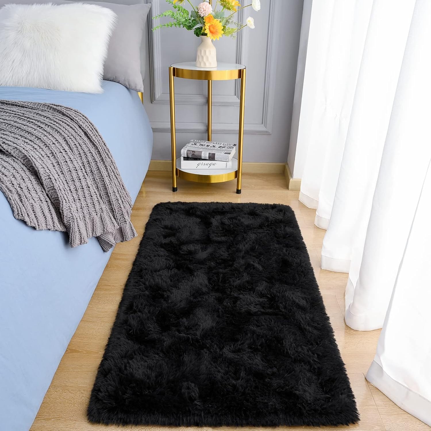 Luxurious Black Shag Rug 2′ x 4′ – Soft, Non-Slip Throw Rug for Living Room