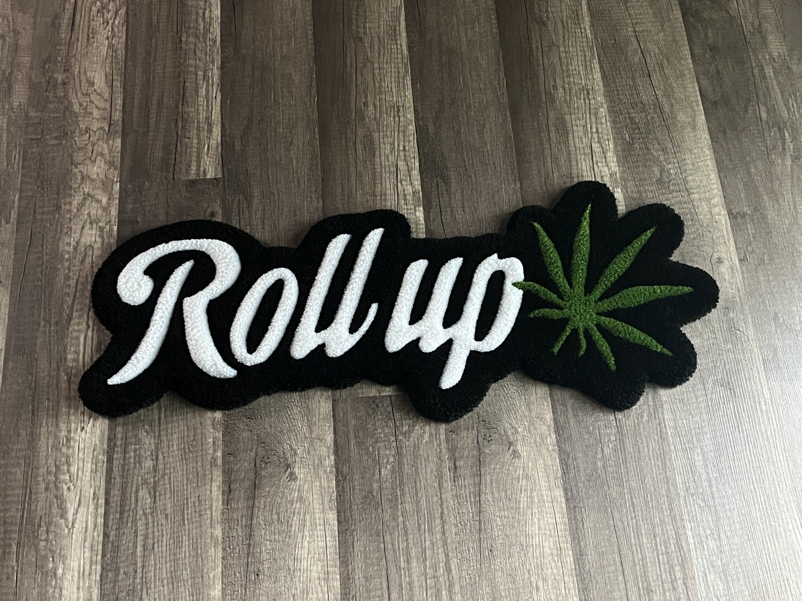 Roll Up Cannabis Leaf Tufted Novelty Area Rug Black White Green 2ft x 9 in