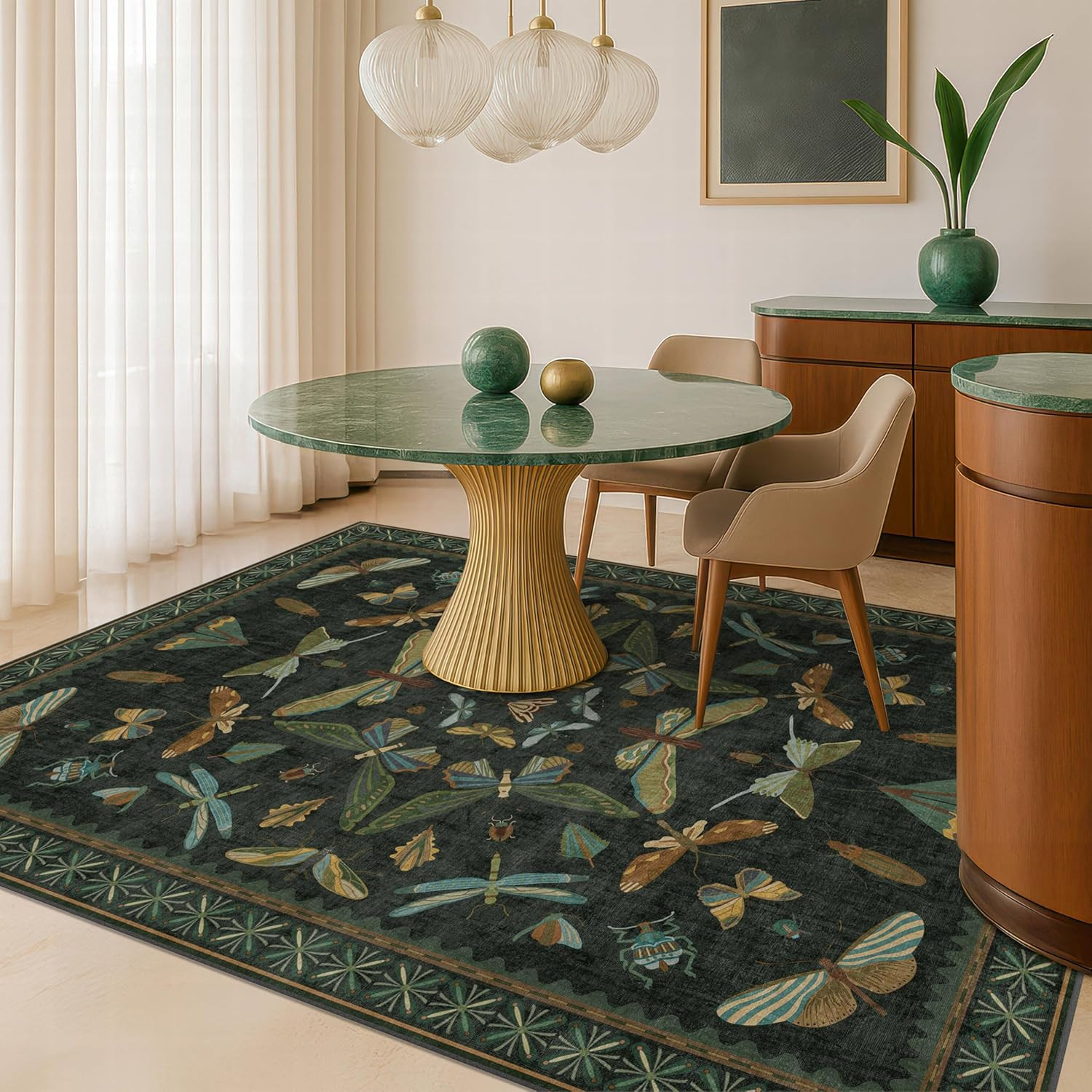 5X8 Black & Green Area Rug Dark Moody Floral Insect Design Non-Skid Washable