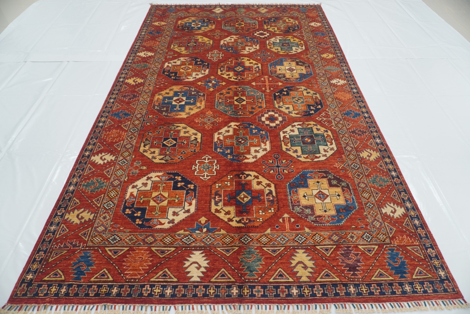 7×11 ft Red Ersari Afghan Hand Knotted Wool Geometric Rug