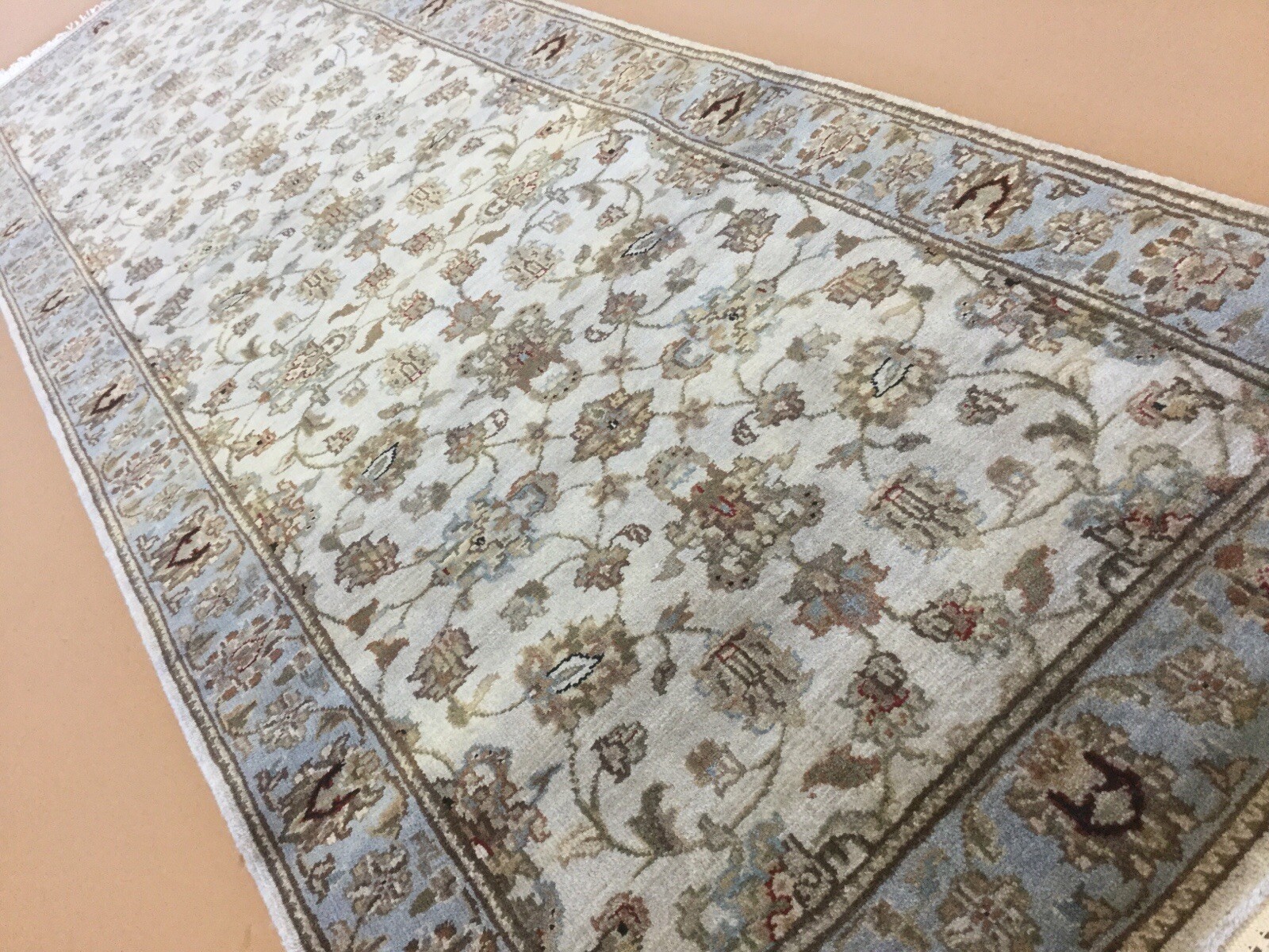 2’.6” X 8’.3” Beige Light Blue Traditional Hand Knotted Oriental Rug Runner Wool