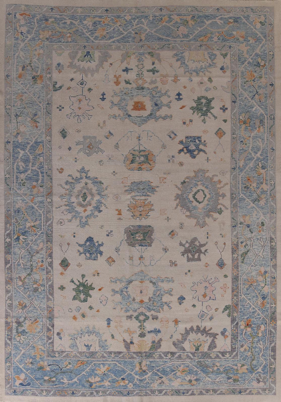 Vegetable Dye Ivory/ Blue Wool Hand-made Oushak Turkish Living Room Rug 10×13