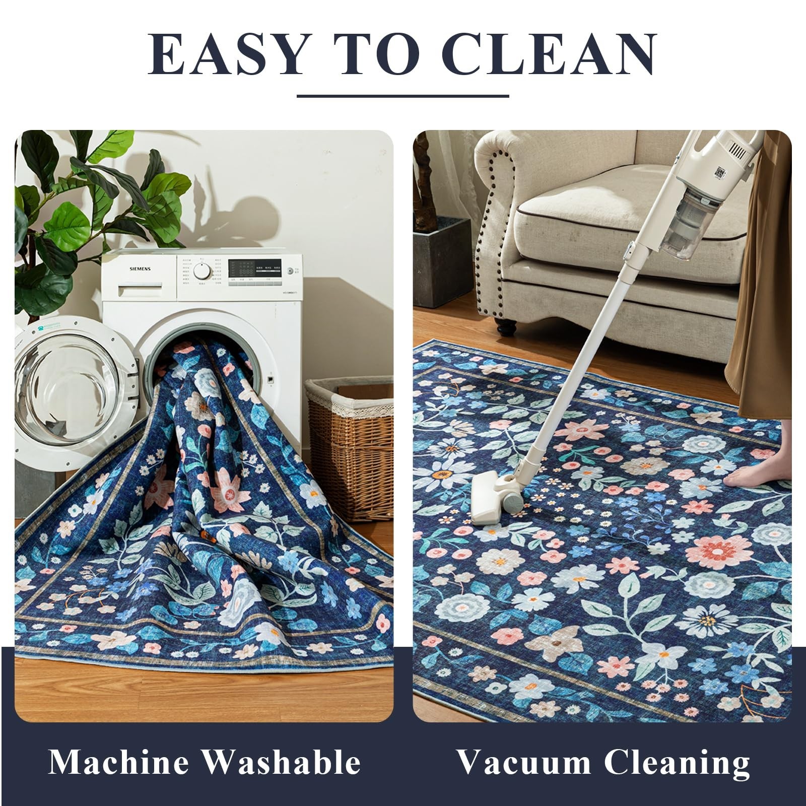 Boho Floral Blue Rug 2×3, Soft Thin Entryway Carpet, Non Slip Mat Dark Blue