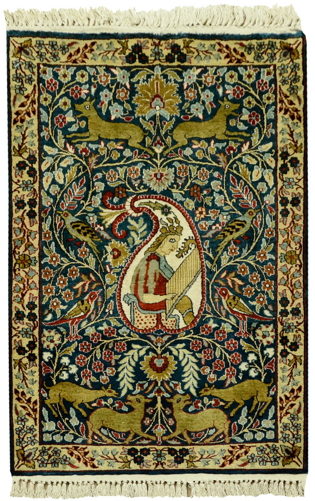 RRA 2×3 Kashmir Pictorial Green Gold Silk Rug 022416
