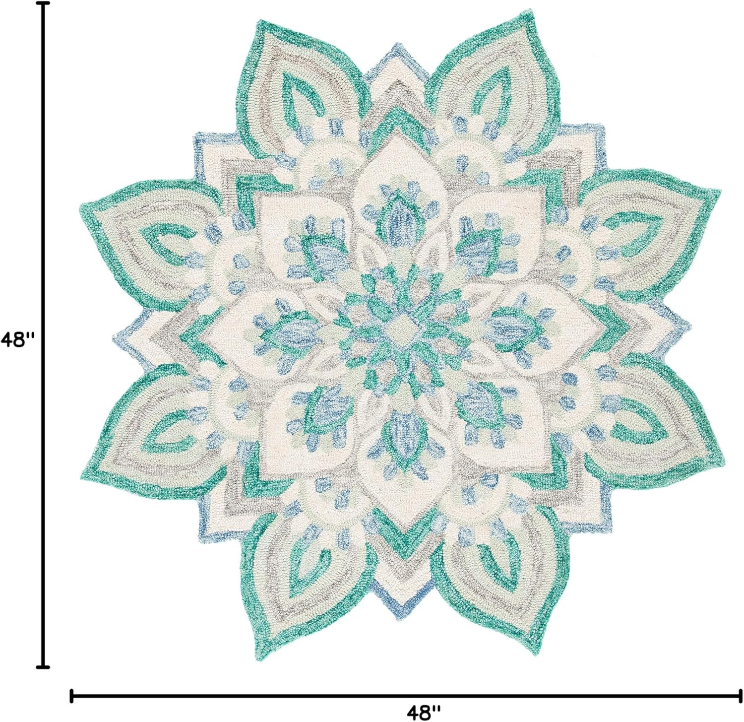 Handmade Boho Flower Area Rug – 4′ Round, Blue & Ivory, High Traffic Friendly