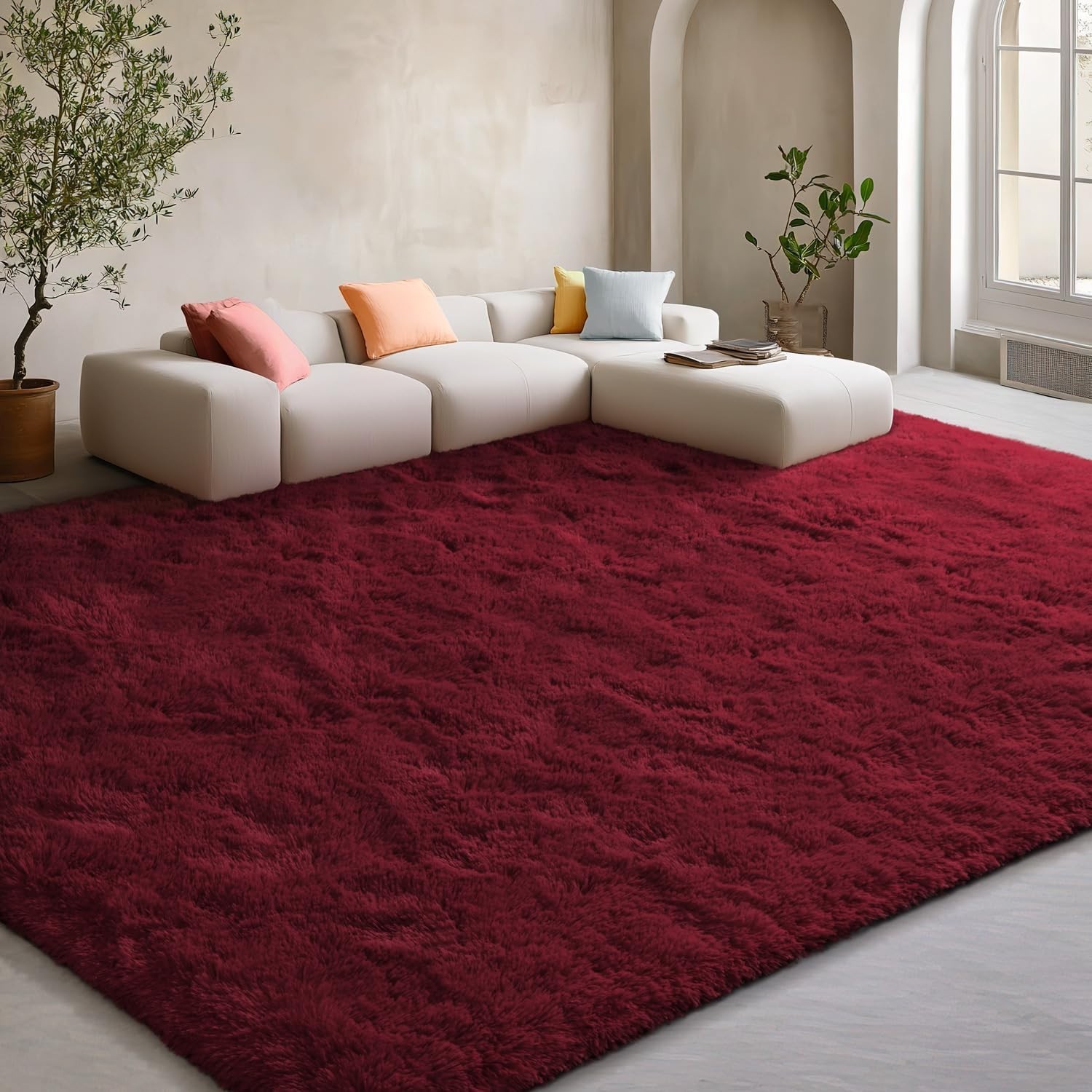 Fluffy Area Rugs Burgundy Soft Plush Shaggy Carpet for Living Room Bedroom Floor