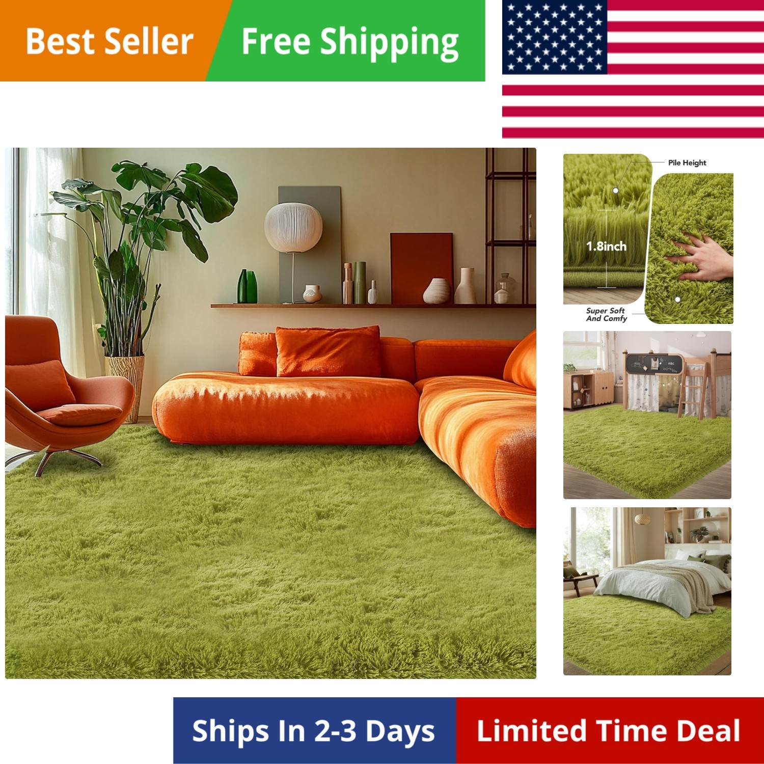 Green Grass Area Rugs for Bedroom: 5×8 Fluffy Shag Carpet for Living Room-Fuz…