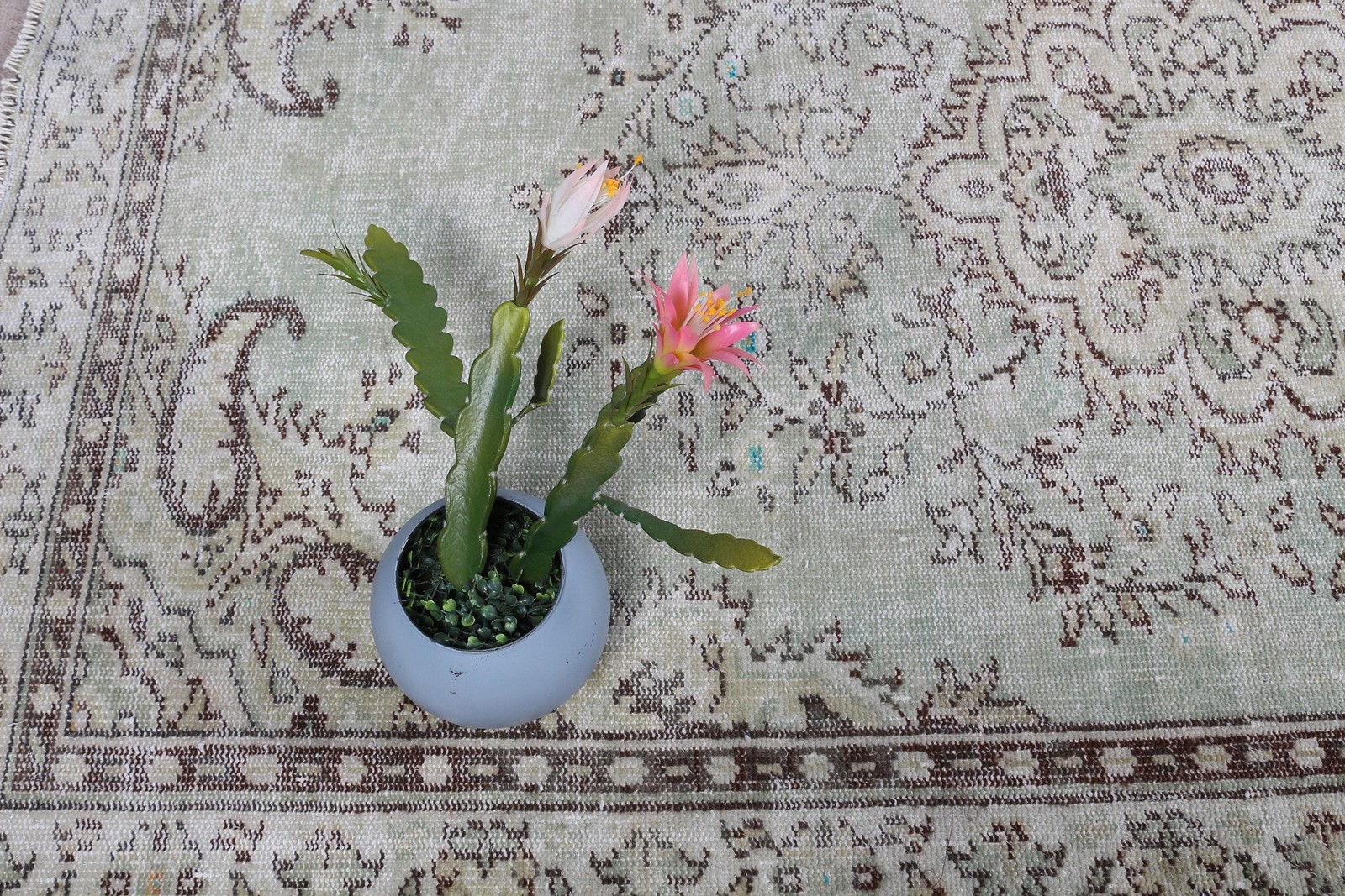 Vintage Rug, 4,6×7,8 ft Turkish Rug, Green Abstract Wool Rug