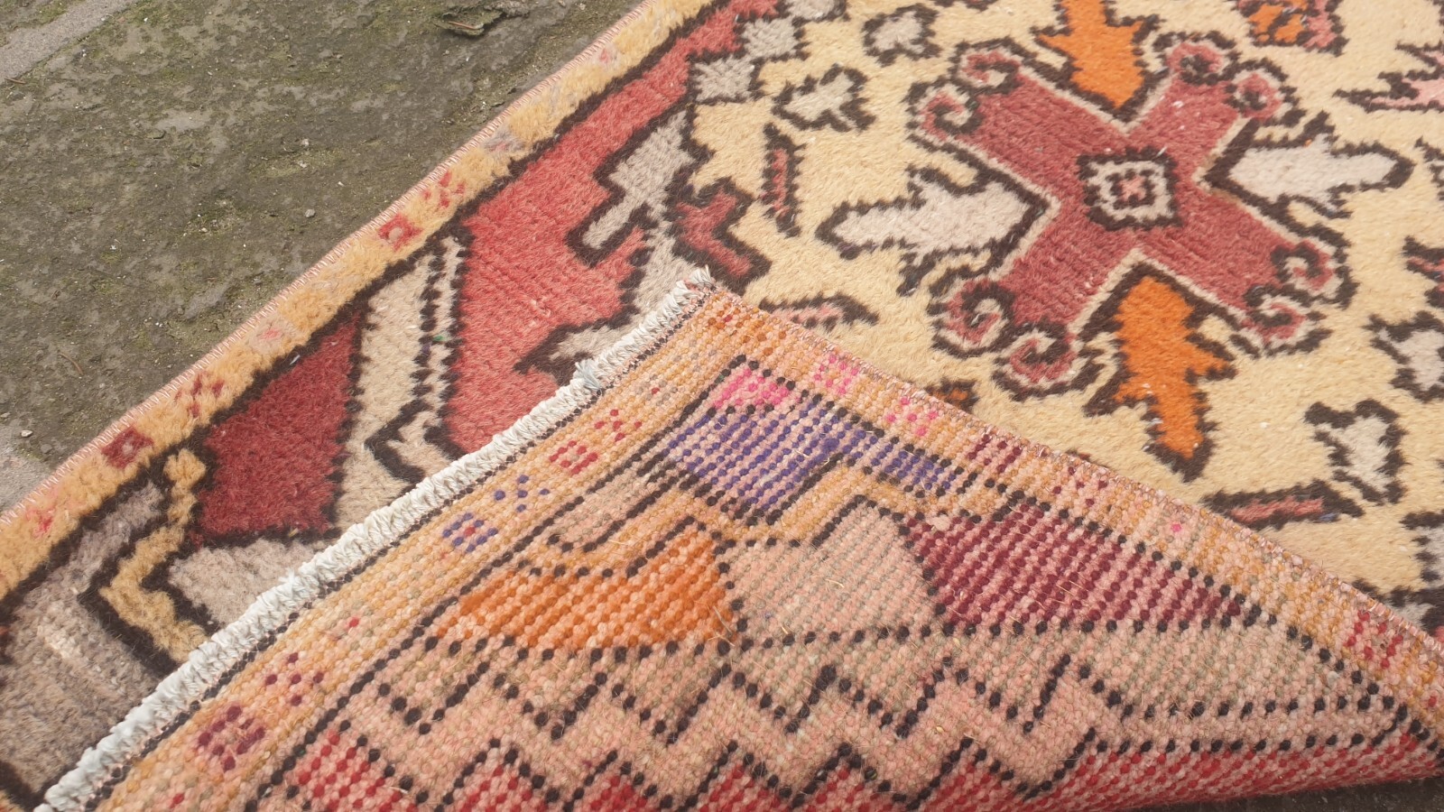 Small Turkish rug 44×91 cm 1.4×3 ft Vintage Wool Turkish Bathroom rug